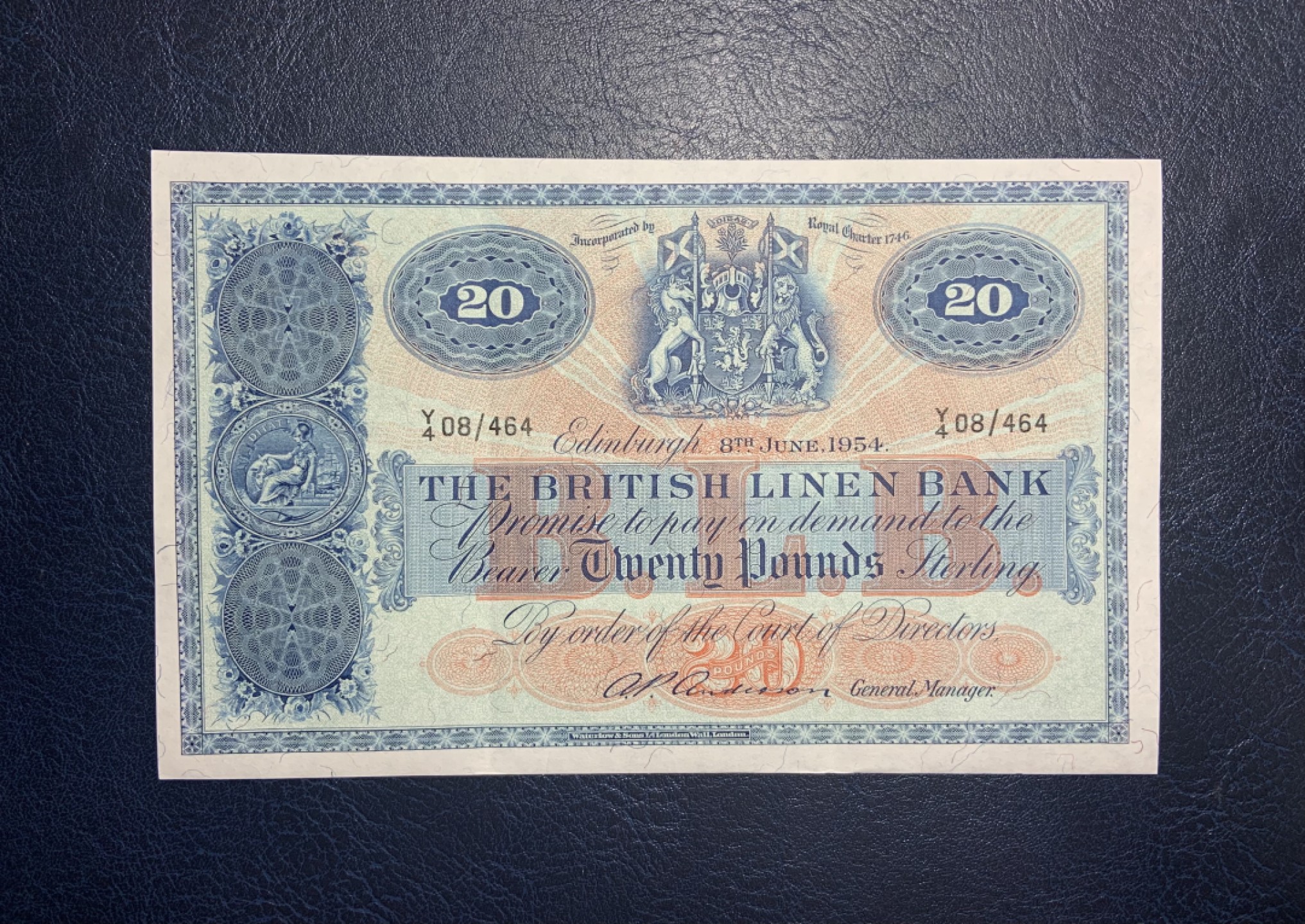 收藏联盟Quantum Auction 第254期拍卖  苏格兰英国亚麻银行1954年20镑 品相AU- 大票幅 珍品 
