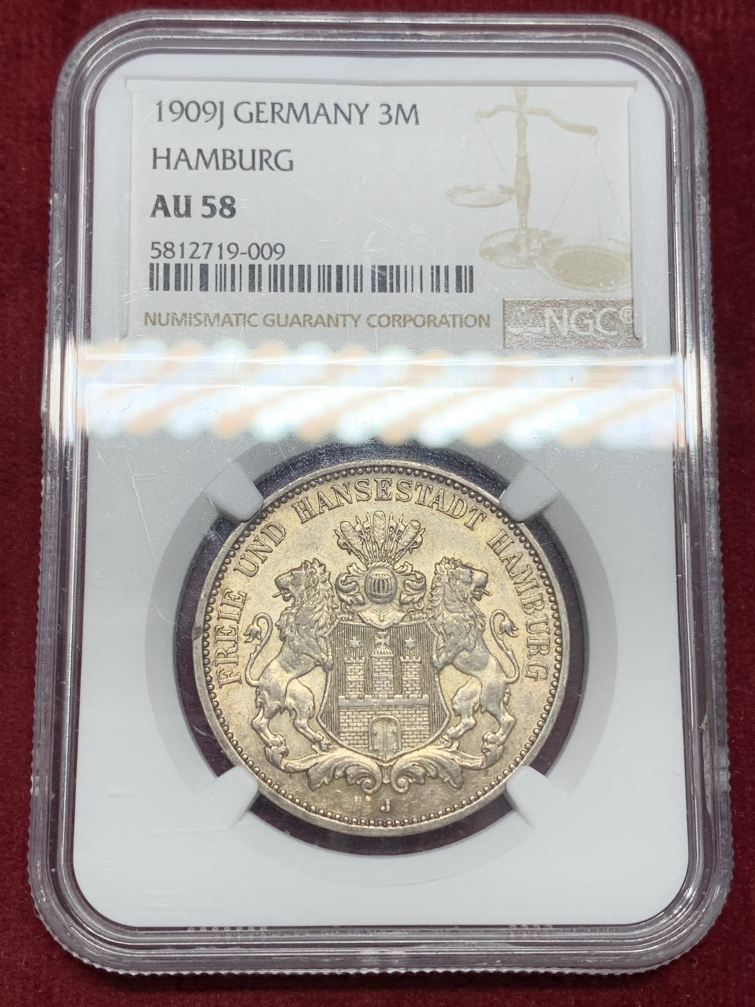 《竞宝斋》第159场-周日，周一 2场 (全场包邮) NGC-AU58 德国 1909年 汉堡双狮 3马克银币