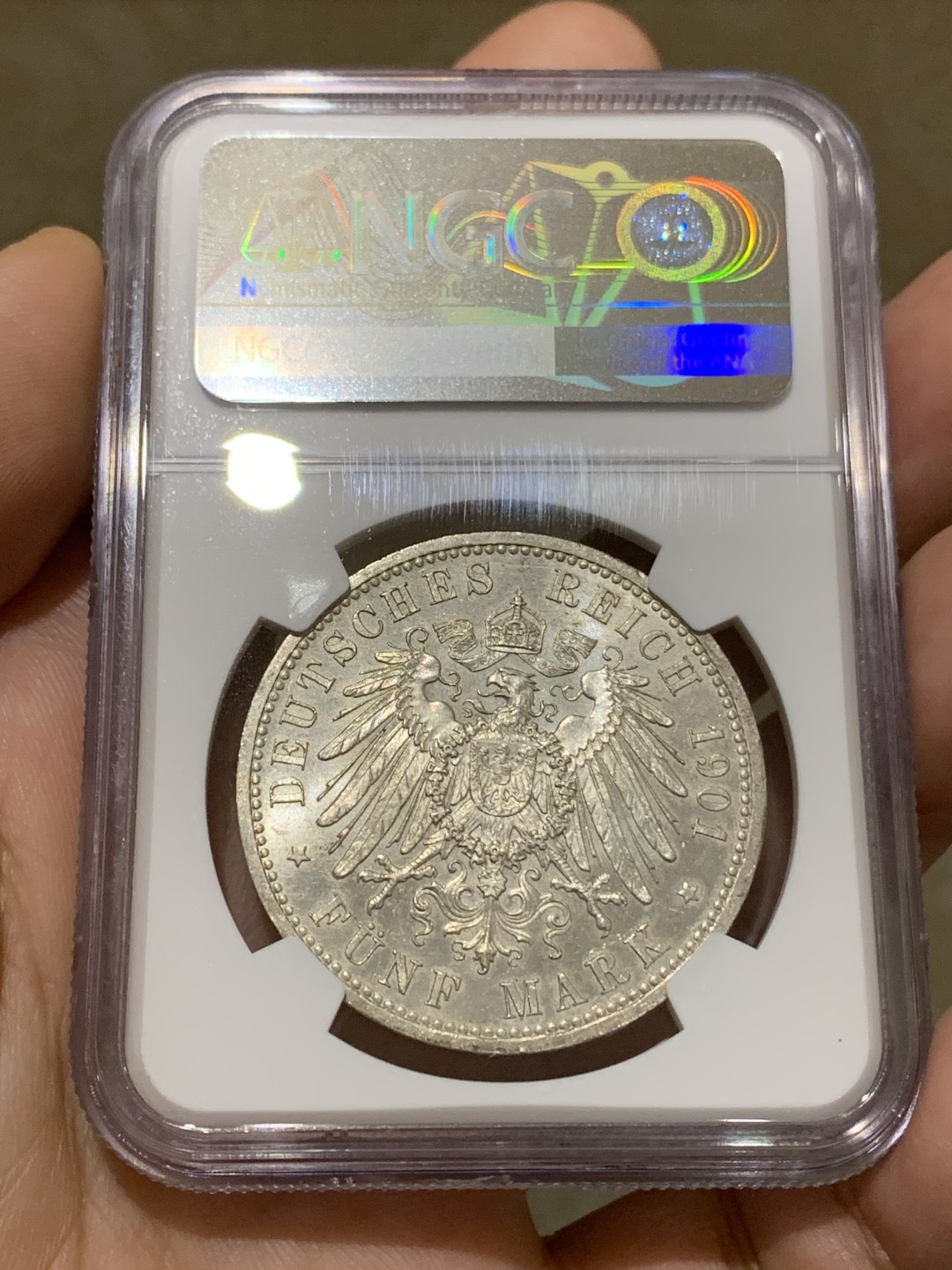 《竞宝斋》第159场-周日，周一 2场 (全场包邮) NGC-MS62 德国 1901年 5马克 大银币 普鲁士建国200周年纪念银币 原味淡包浆 温润舒服