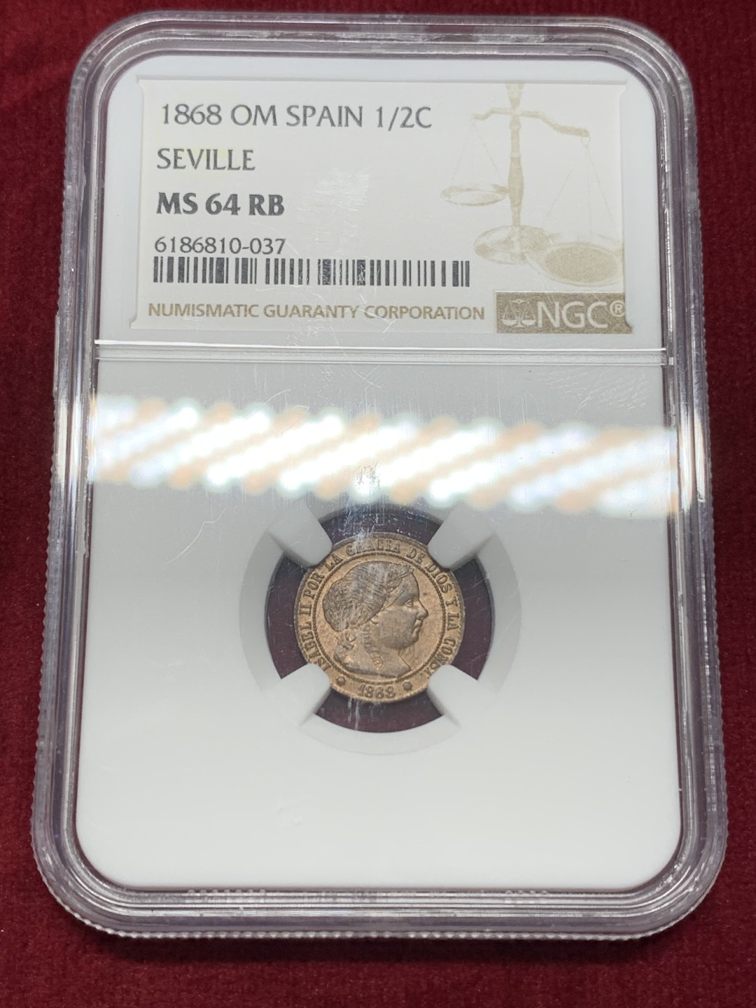 《竞宝斋》第159场-周日，周一 2场 (全场包邮) NGC-MS64RB 冠军分 1868年 西班牙伊莎贝拉女王1/2C铜币，塞维利亚厂。玲珑可爱的猪头妹铜币，难得RB原铜光，冠军分顶级品质