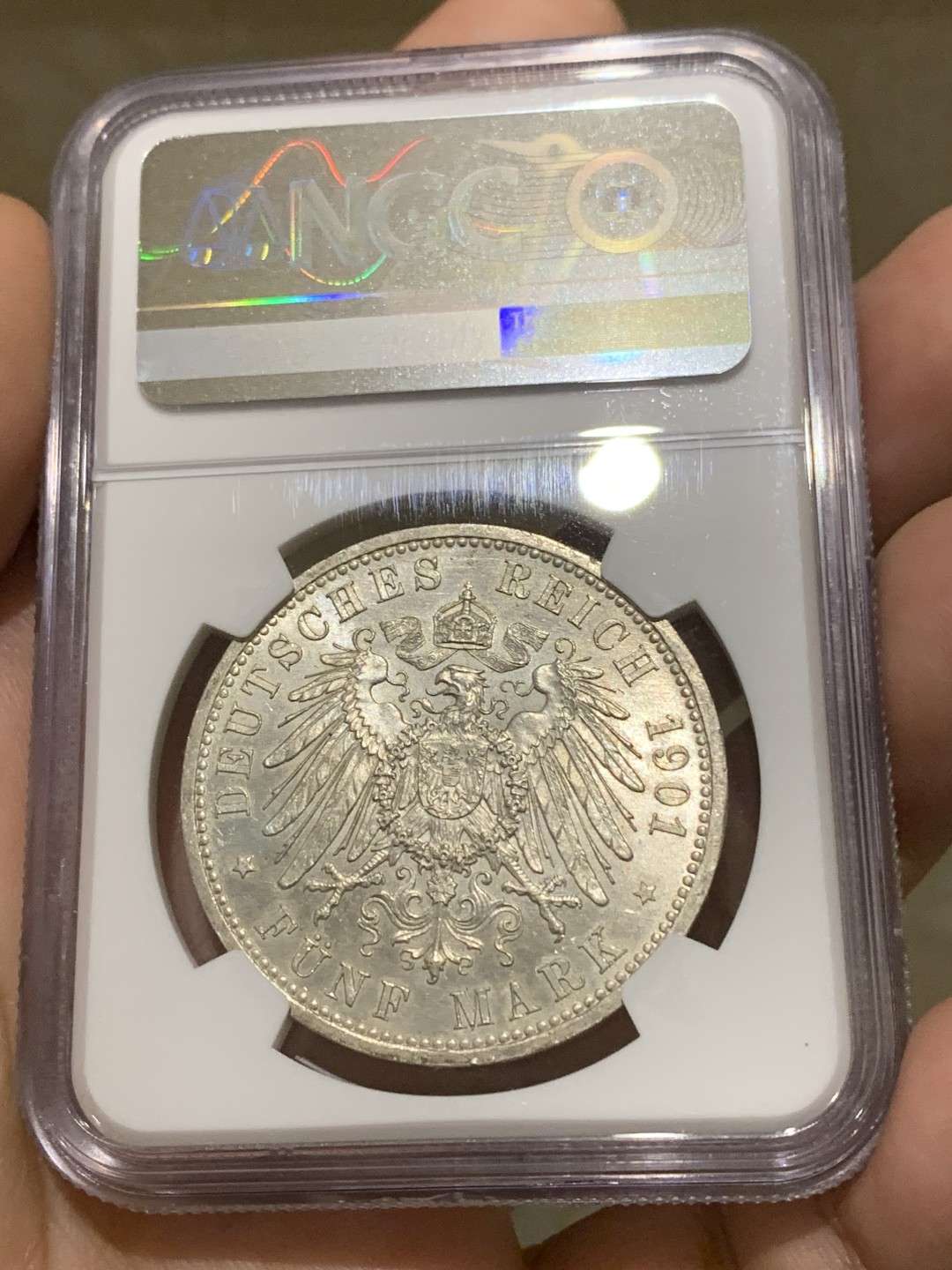 《竞宝斋》第159场-周日，周一 2场 (全场包邮) NGC-MS62 德国 1901年 5马克 大银币 普鲁士建国200周年纪念银币 原味淡包浆 温润舒服