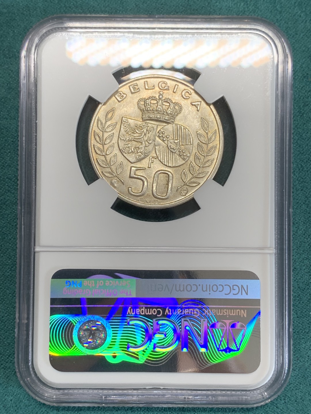 《竞宝斋》第159场-周日，周一 2场 (全场包邮) NGC-MS62 比利时1960年 皇家金婚 50法郎银币 状态难得