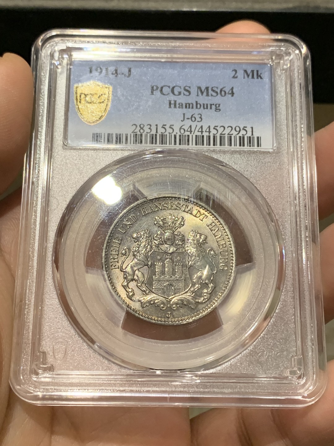《竞宝斋》第159场-周日，周一 2场 (全场包邮) PCGS-MS64 德国汉堡 1914年双狮2马克 流通充分 高分非常少 转光美丽