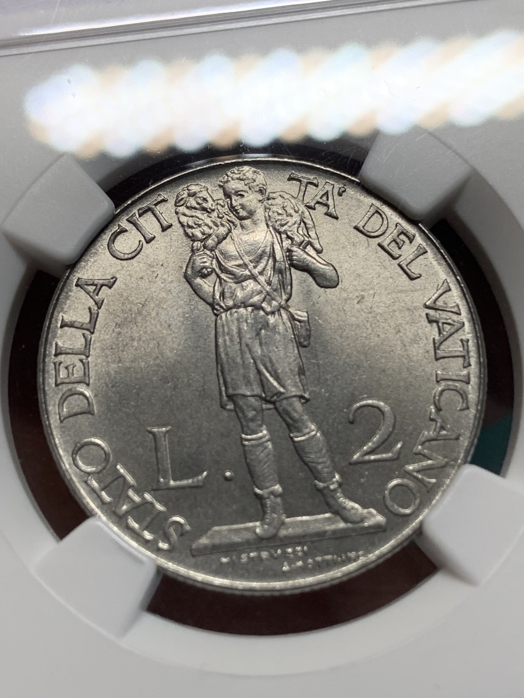 《竞宝斋》第159场-周日，周一 2场 (全场包邮) NGC-MS65，梵蒂冈1941年2里拉大镍币，耶稣救世寓意，梵蒂冈铸币设计巅峰