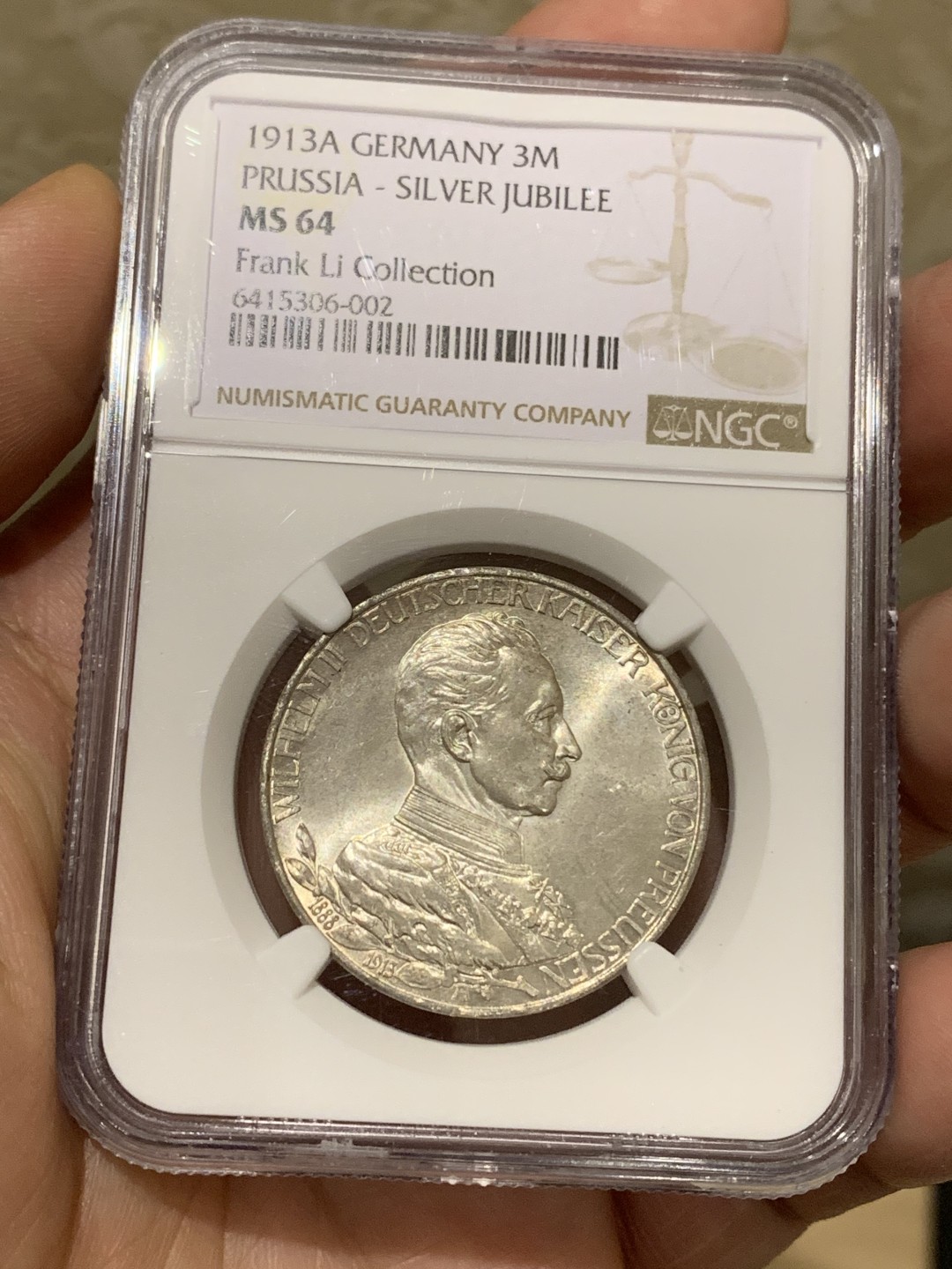 《竞宝斋》第159场-周日，周一 2场 (全场包邮) NGC-MS64 德国1913 普鲁士威廉二世军装3马克，高亮车轮光