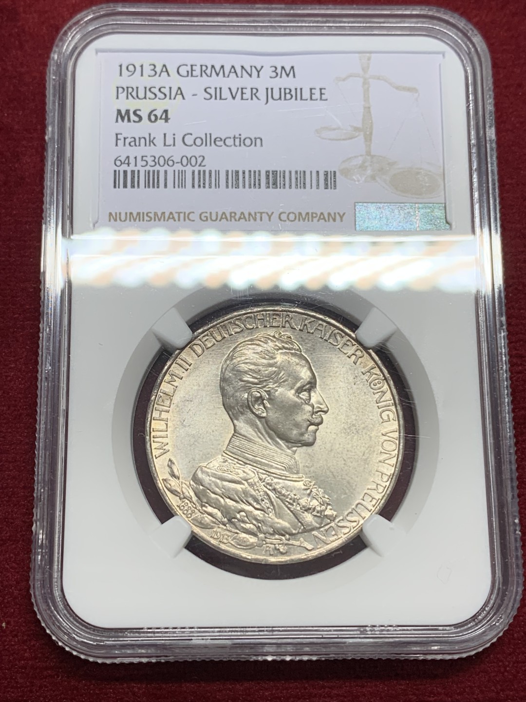 《竞宝斋》第159场-周日，周一 2场 (全场包邮) NGC-MS64 德国1913 普鲁士威廉二世军装3马克，高亮车轮光