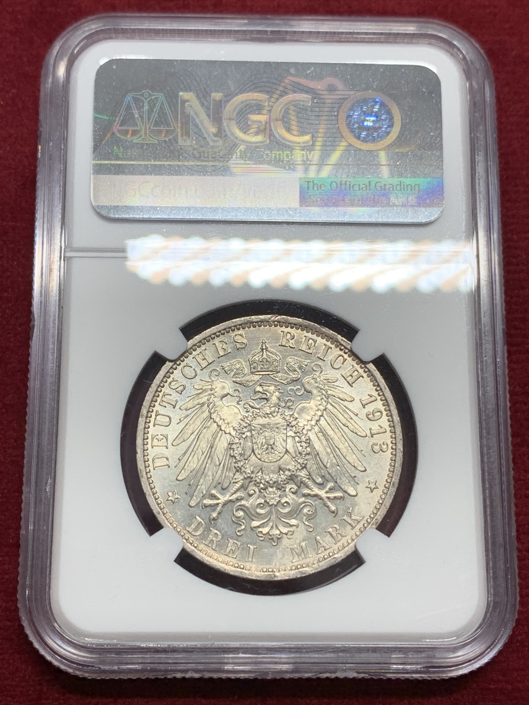 《竞宝斋》第159场-周日，周一 2场 (全场包邮) NGC-MS64 德国1913 普鲁士威廉二世军装3马克，高亮车轮光