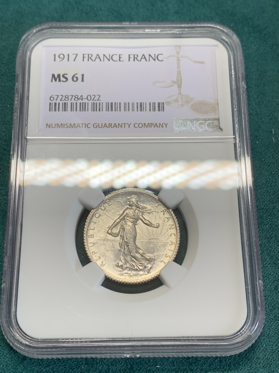 《竞宝斋》第159场-周日，周一 2场 (全场包邮) NGC-MS61 法国1917年 播种女神1法郎银币 感觉低评