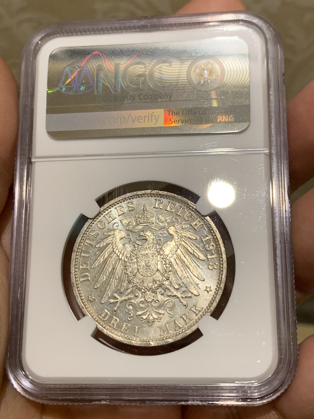 《竞宝斋》第159场-周日，周一 2场 (全场包邮) NGC-MS64 德国1913 普鲁士威廉二世军装3马克，高亮车轮光