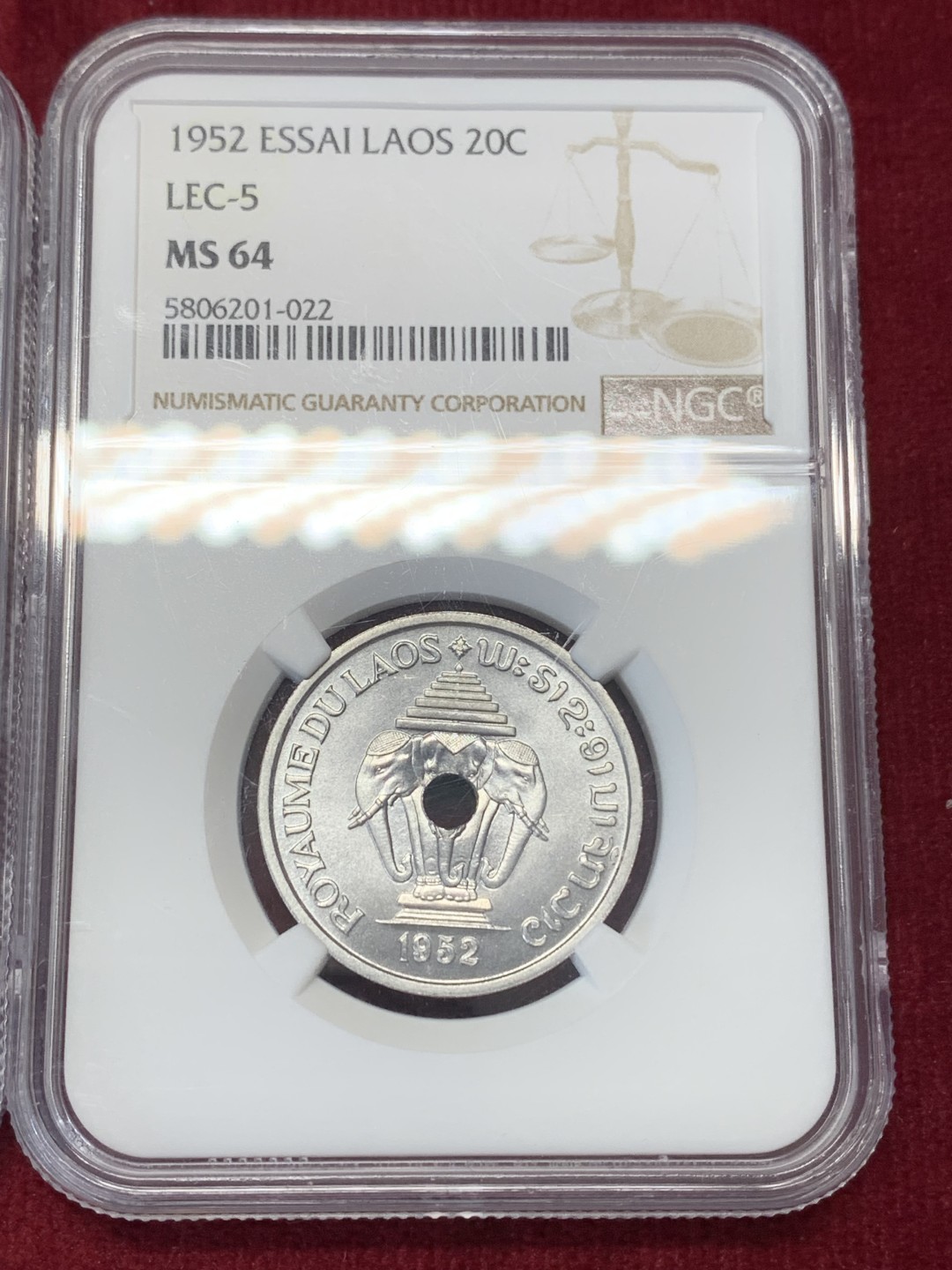 《竞宝斋》第159场-周日，周一 2场 (全场包邮) NGC-MS64/64/62 老挝 1952年 10分/20分/50分 老挝样币Essai，近期东南亚大热品种