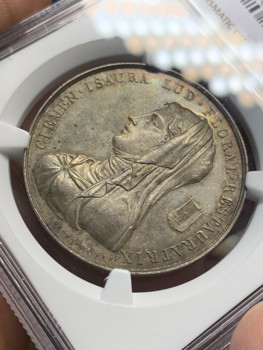 《竞宝斋》第159场-周日，周一 2场 (全场包邮) NGC-MS62 法国图卢兹1819年花卉文学节银质奖章，名家设计，女神及花卉优美典雅，淡灰彩浆，镜面感强，维克多雨果曾于1817年获该奖