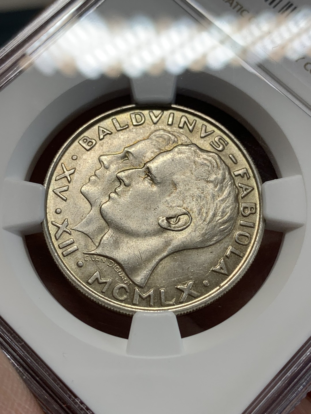 《竞宝斋》第159场-周日，周一 2场 (全场包邮) NGC-MS62 比利时1960年 皇家金婚 50法郎银币 状态难得