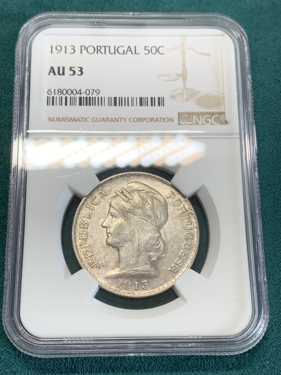 《竞宝斋》第159场-周日，周一 2场 (全场包邮) NGC-AU53 1913葡萄牙50分银币，市面上常见的是1916年的，1913年的不多