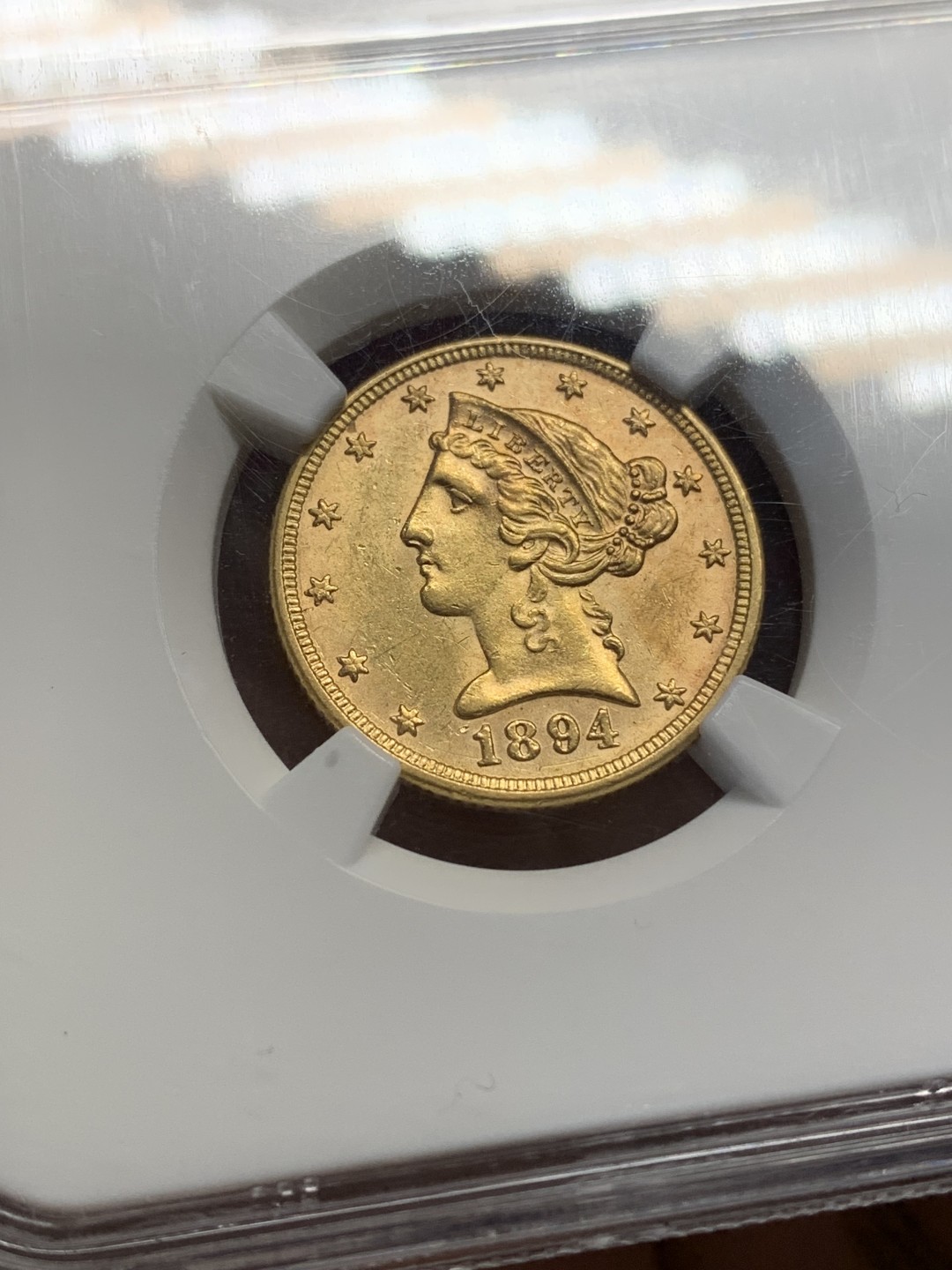 《竞宝斋》第159场-周日，周一 2场 (全场包邮) NGC-MS62  1894年美国自由女神像5美元金币 8.35克 0.900金 直径21.65MM 发行96万不到