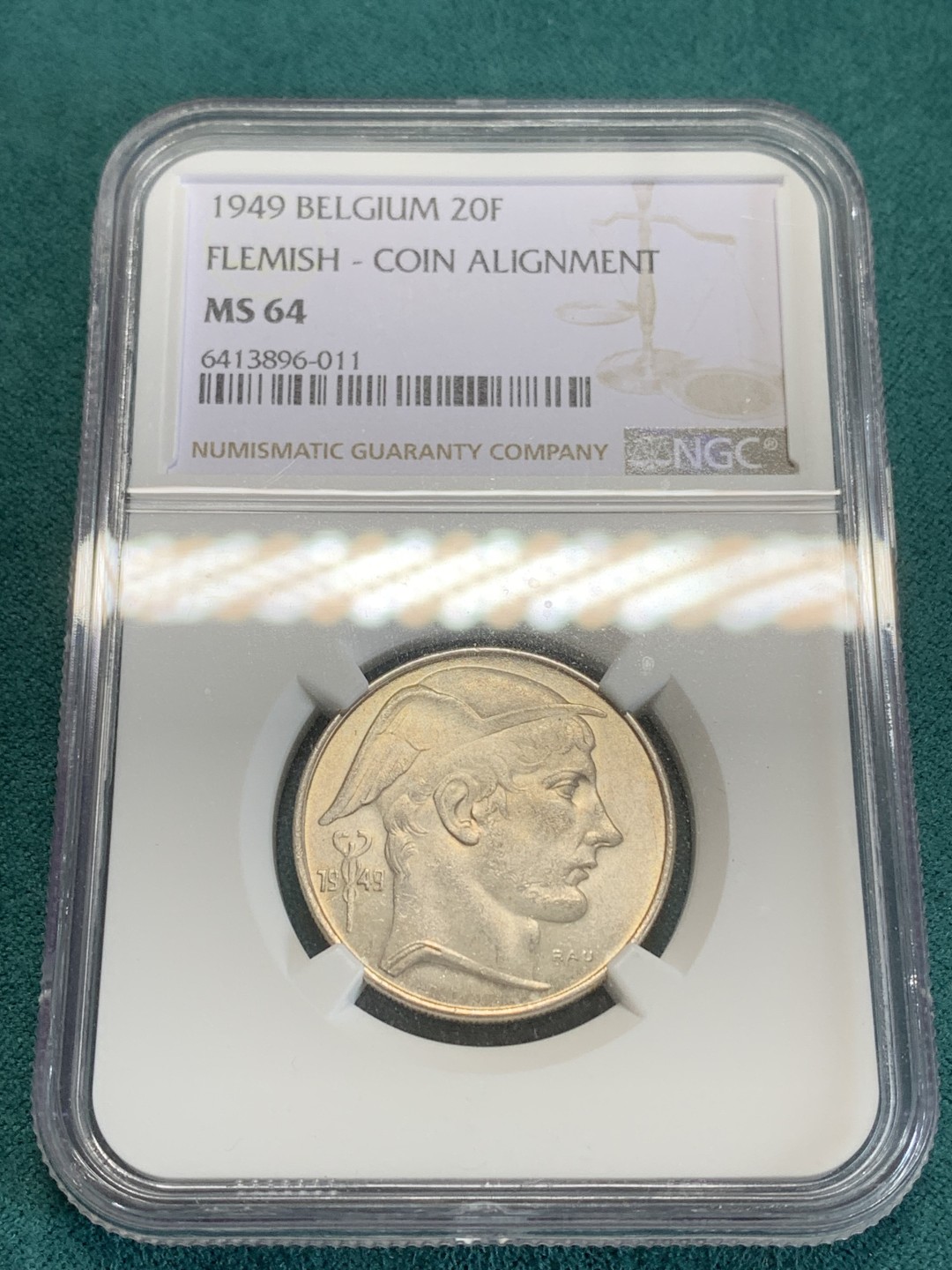 《竞宝斋》第159场-周日，周一 2场 (全场包邮) NGC-MS64 比利时1949年 20法郎银币 分很不错