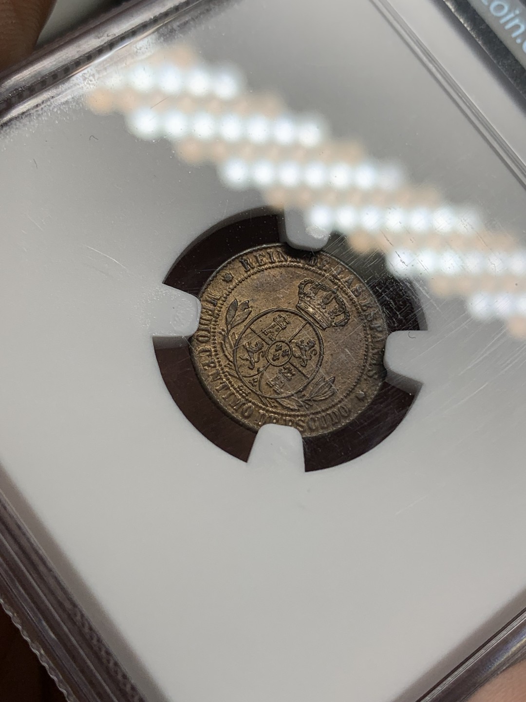 《竞宝斋》第159场-周日，周一 2场 (全场包邮) NGC-MS64RB 冠军分 1868年 西班牙伊莎贝拉女王1/2C铜币，塞维利亚厂。玲珑可爱的猪头妹铜币，难得RB原铜光，冠军分顶级品质