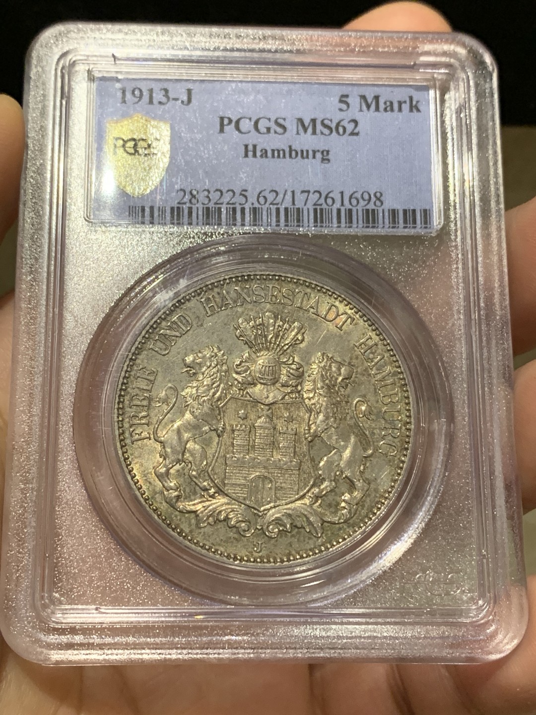 《竞宝斋》第159场-周日，周一 2场 (全场包邮) PCGS-MS62 德国汉堡 1913年双狮5马克 淡彩包浆 灯下非常漂亮 状态很好