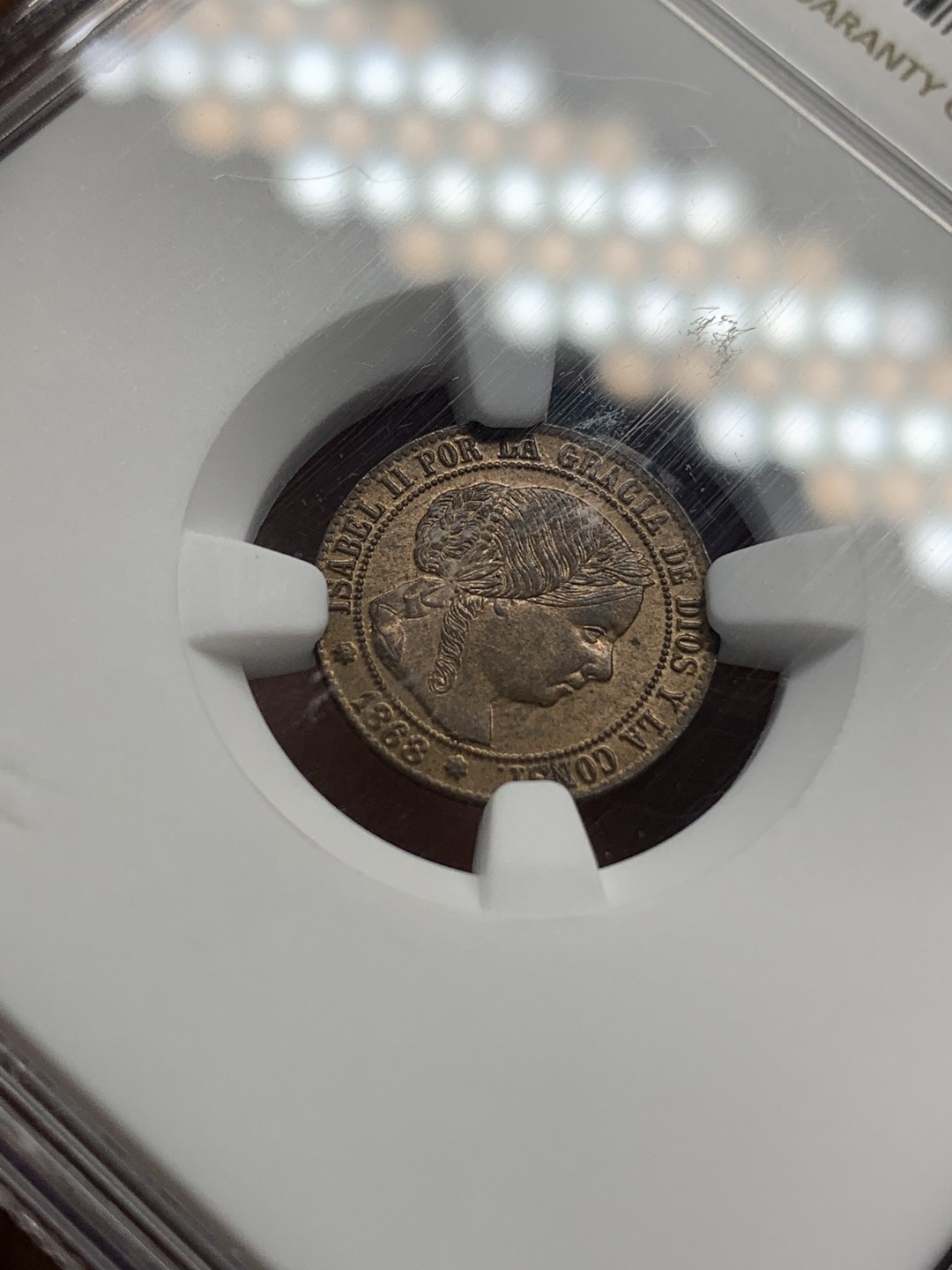 《竞宝斋》第159场-周日，周一 2场 (全场包邮) NGC-MS64RB 冠军分 1868年 西班牙伊莎贝拉女王1/2C铜币，塞维利亚厂。玲珑可爱的猪头妹铜币，难得RB原铜光，冠军分顶级品质