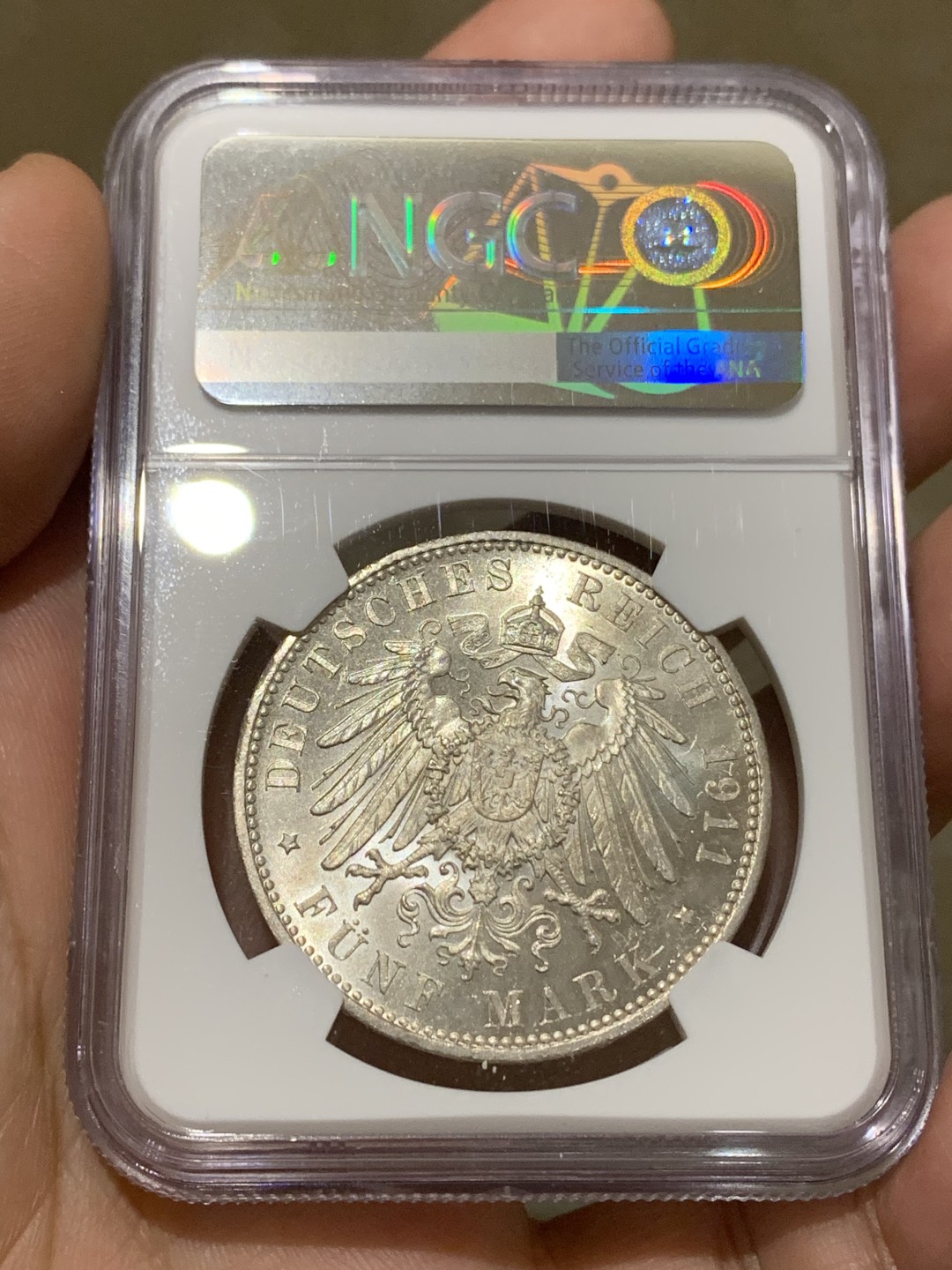 《竞宝斋》第159场-周日，周一 2场 (全场包邮) NGC-MS63 德国 1911年 5马克 大银币 巴伐利亚  摄政王90大寿纪念银币 细节完美 高分难得 鹰面64水平