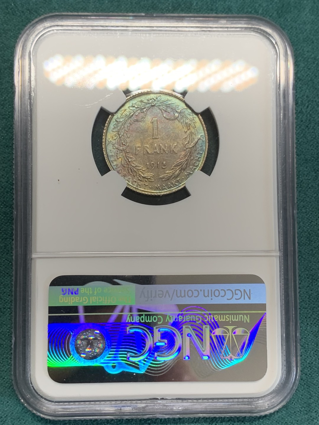 《竞宝斋》第159场-周日，周一 2场 (全场包邮) NGC-MS62 比利时1913年 埃尔佩托国王 1法郎银币 原味带包浆