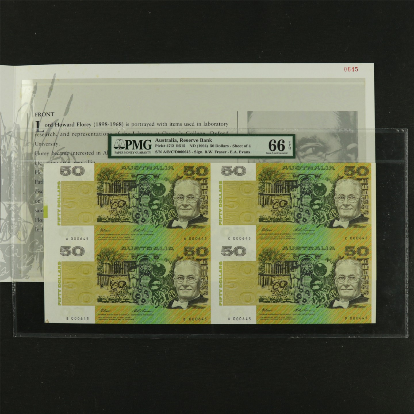 【亘邦集藏】第157期拍卖 【唯一冠军分】1994年 澳大利亚四连钞50元 PMG 66EPQ A/B/C/D000645 带册