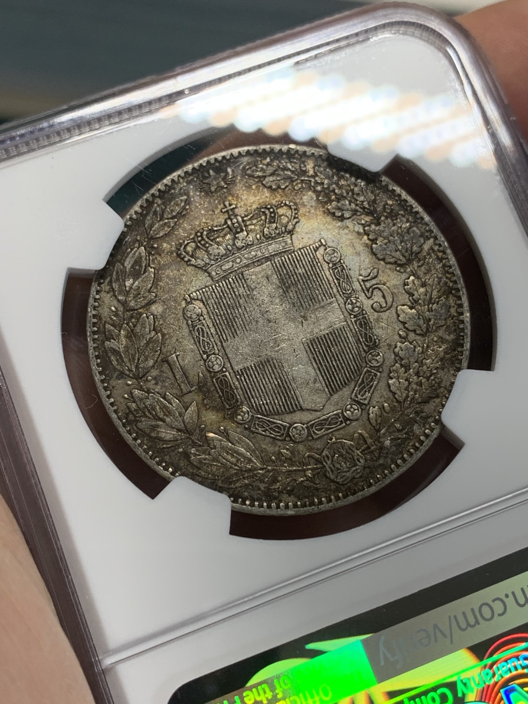 《竞宝斋》第159场-周日，周一 2场 (全场包邮) NGC-XF45 意大利1879年 翁贝托5里拉大银币 老包浆