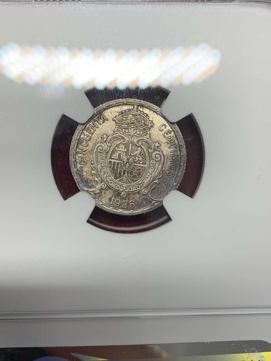 《竞宝斋》第159场-周日，周一 2场 (全场包邮) NGC-MS61 西班牙 1926年 阿方索十三世 50分银币 深紫色包浆 小而精