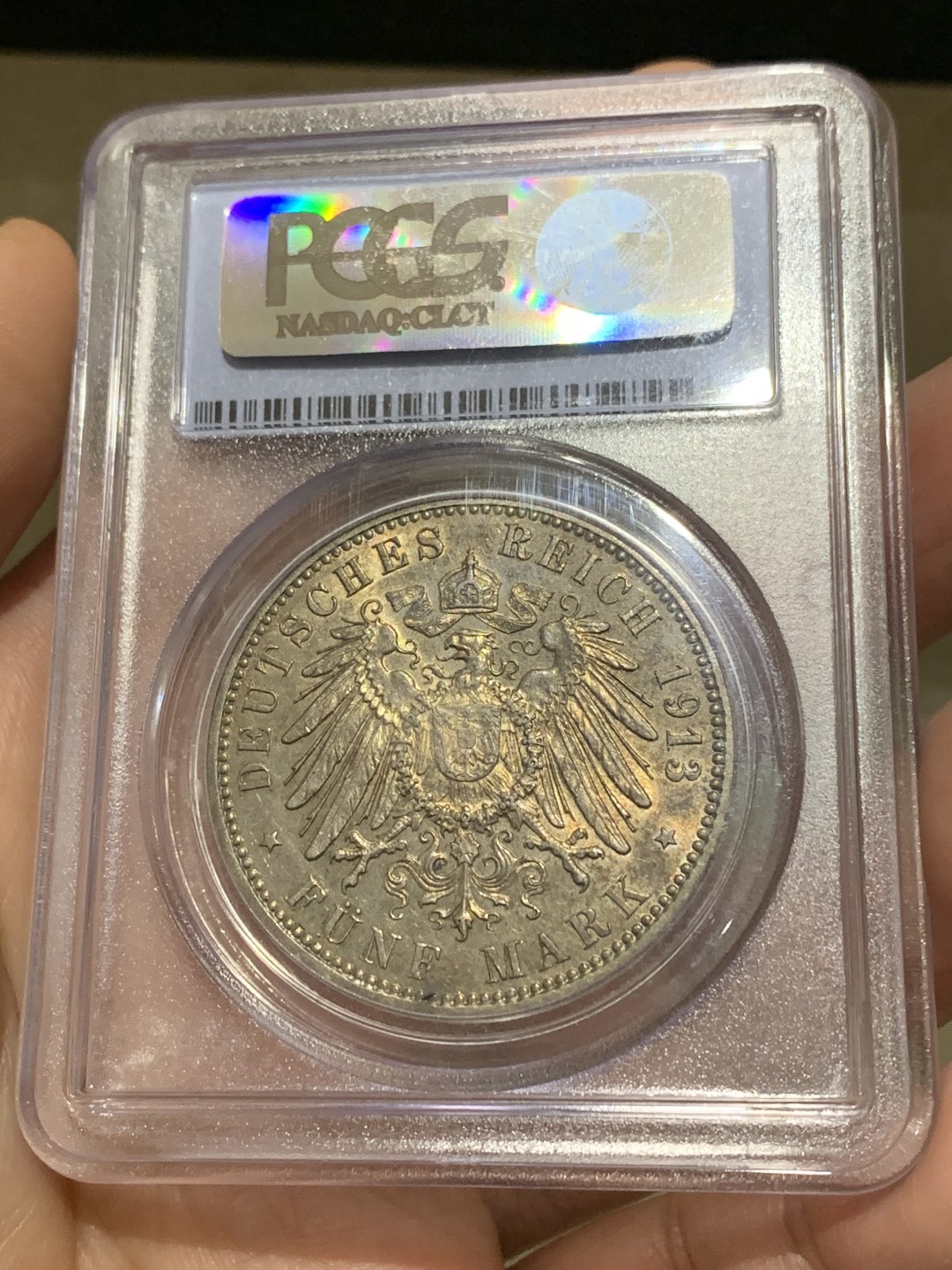 《竞宝斋》第159场-周日，周一 2场 (全场包邮) PCGS-MS62 德国汉堡 1913年双狮5马克 淡彩包浆 灯下非常漂亮 状态很好