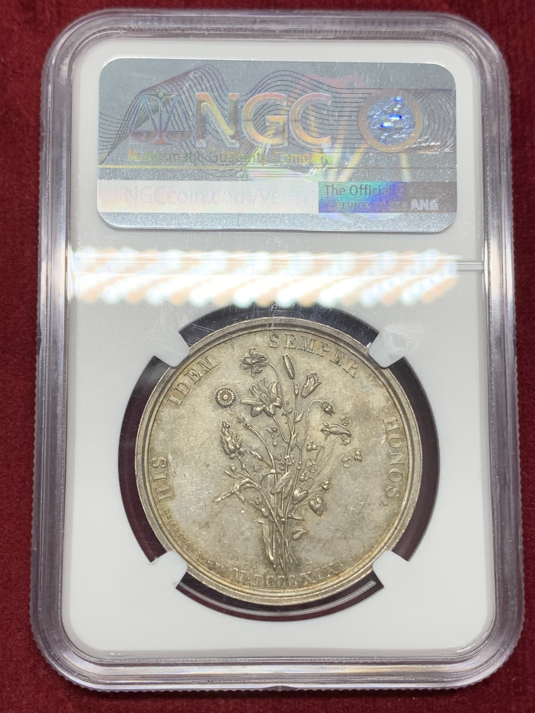 《竞宝斋》第159场-周日，周一 2场 (全场包邮) NGC-MS62 法国图卢兹1819年花卉文学节银质奖章，名家设计，女神及花卉优美典雅，淡灰彩浆，镜面感强，维克多雨果曾于1817年获该奖