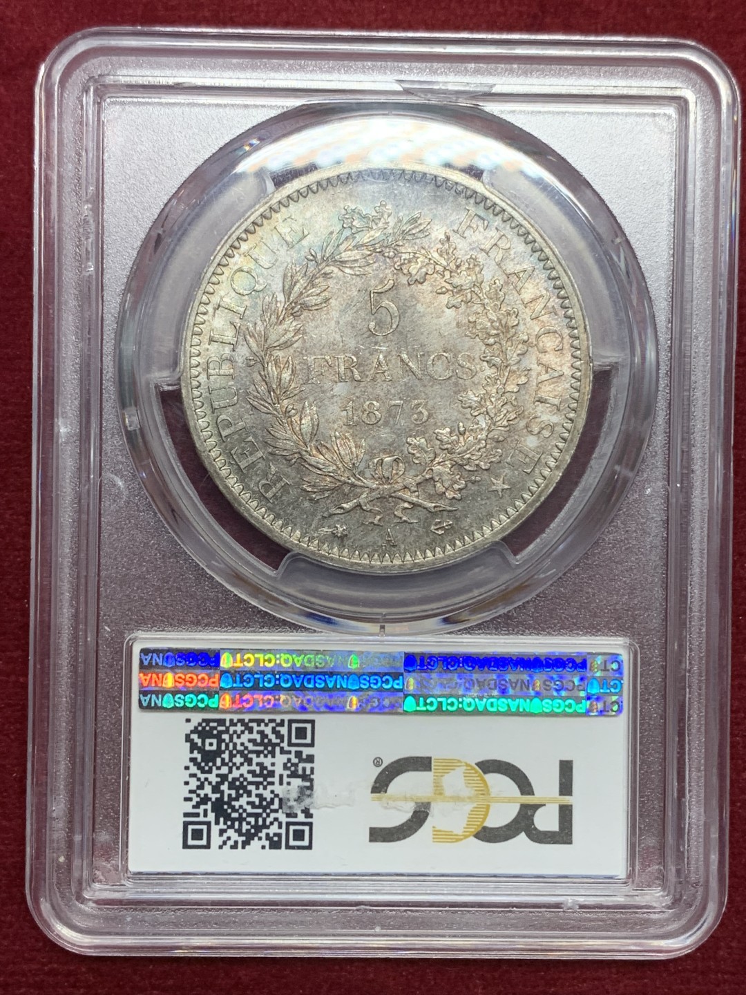 《竞宝斋》第159场-周日，周一 2场 (全场包邮) PCGS-MS64 法国 1873 大力神5法郎大银币。转光流畅的一颗，底板丝滑。老欧洲包浆，背面绚彩，盒子背面小磕