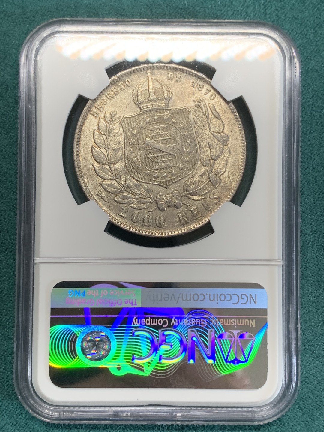 《竞宝斋》第159场-周日，周一 2场 (全场包邮) NGC-AU58 巴西1889年 佩德罗二世 2000瑞斯大银币 大热暴涨系列
