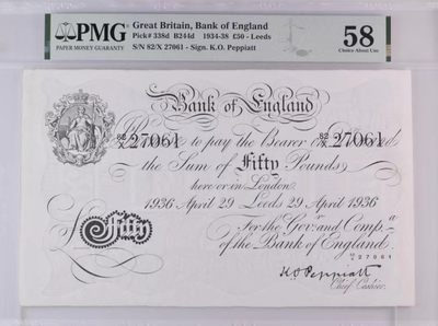 收藏联盟Quantum Auction 第254期拍卖  - 英国1934-38年50镑 PMG58 十分稀少品种 极稀少Leeds地名 稀奇平台首次拍卖