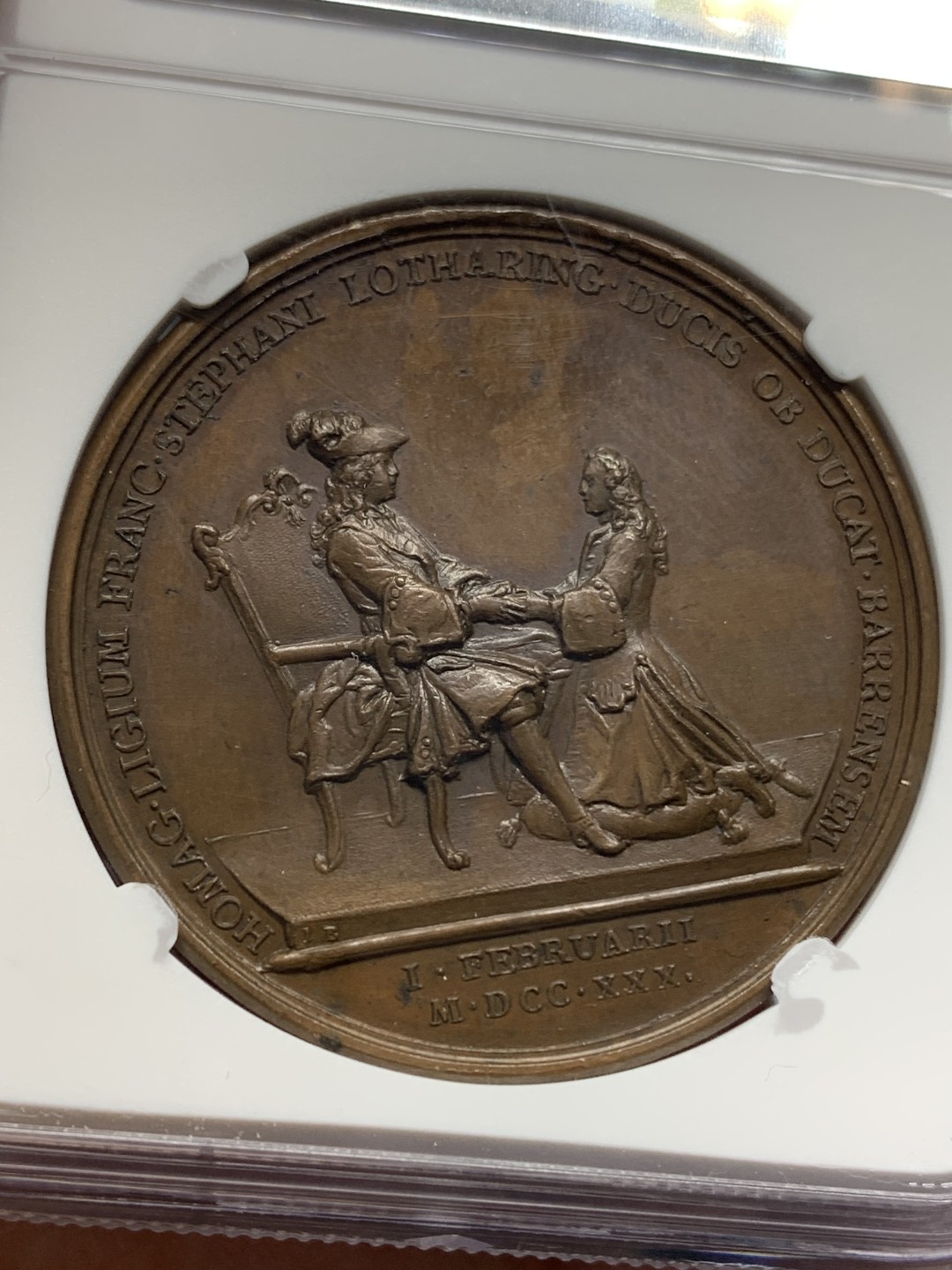 《竞宝斋》第159场-周日，周一 2场 (全场包邮) NGC MS62 1730年法国路易十五铜章 洛林公爵纪念铜章 难得ms好品