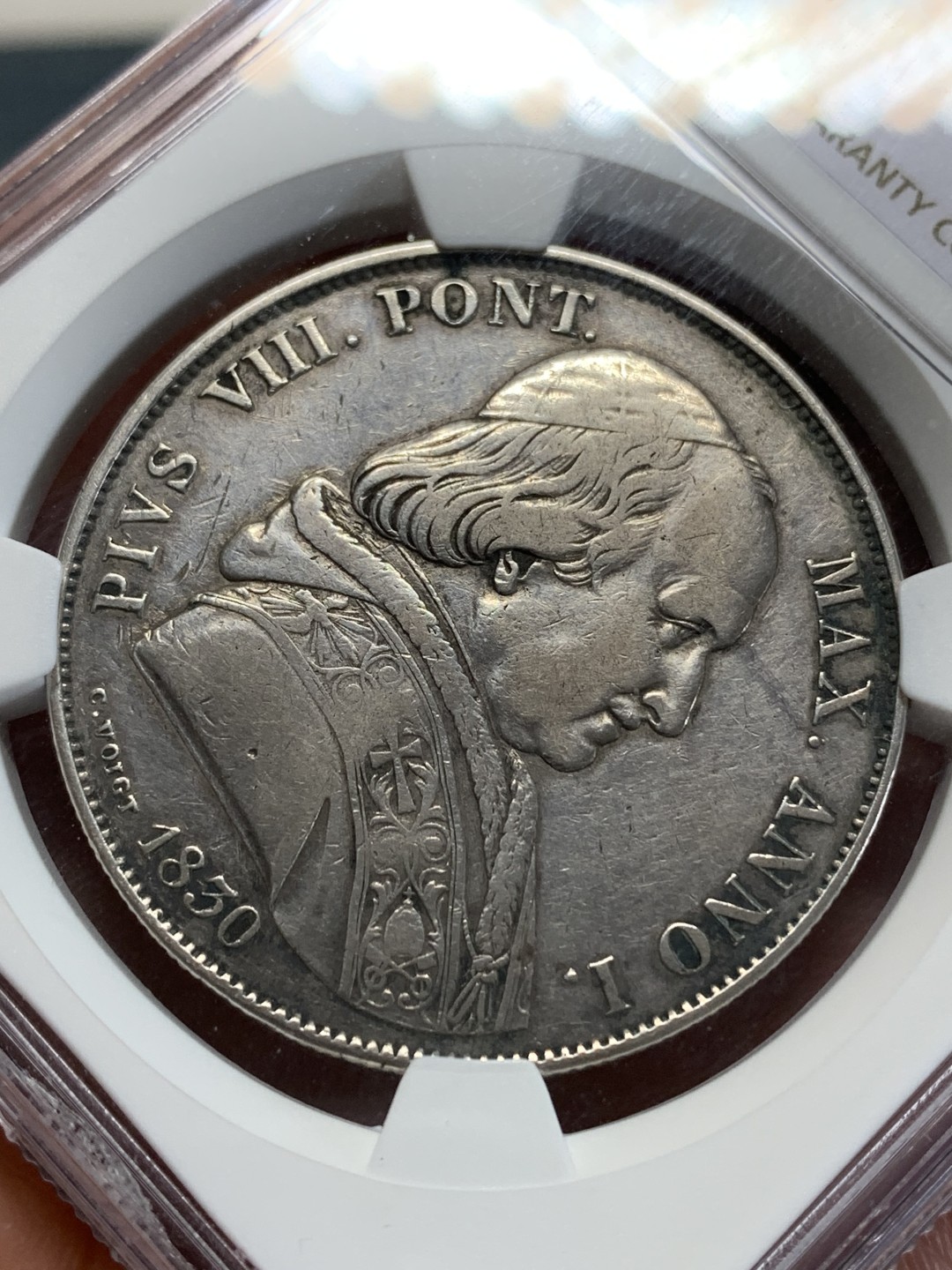 《竞宝斋》第159场-周日，周一 2场 (全场包邮) NGC-XF 梵蒂冈1830年 庇护八世 1斯库多大银币 老包浆居然说有洗没给分 可惜了