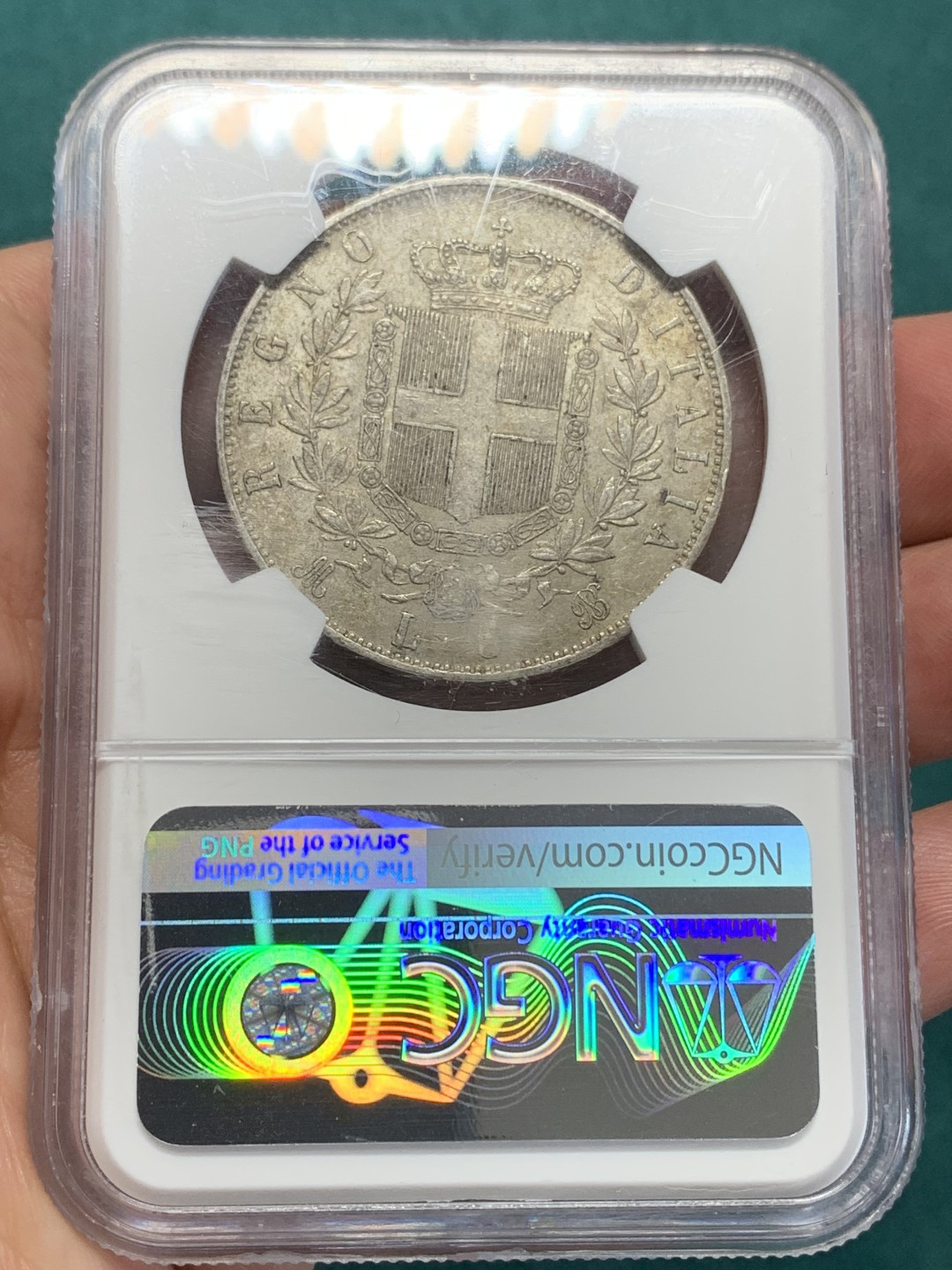 《竞宝斋》第159场-周日，周一 2场 (全场包邮) NGC-MS62 意大利5里拉大银 1869年该品种首年 枪灰色泛橙包浆 意大利国父埃马努埃尔二世早期统治意大利的见证