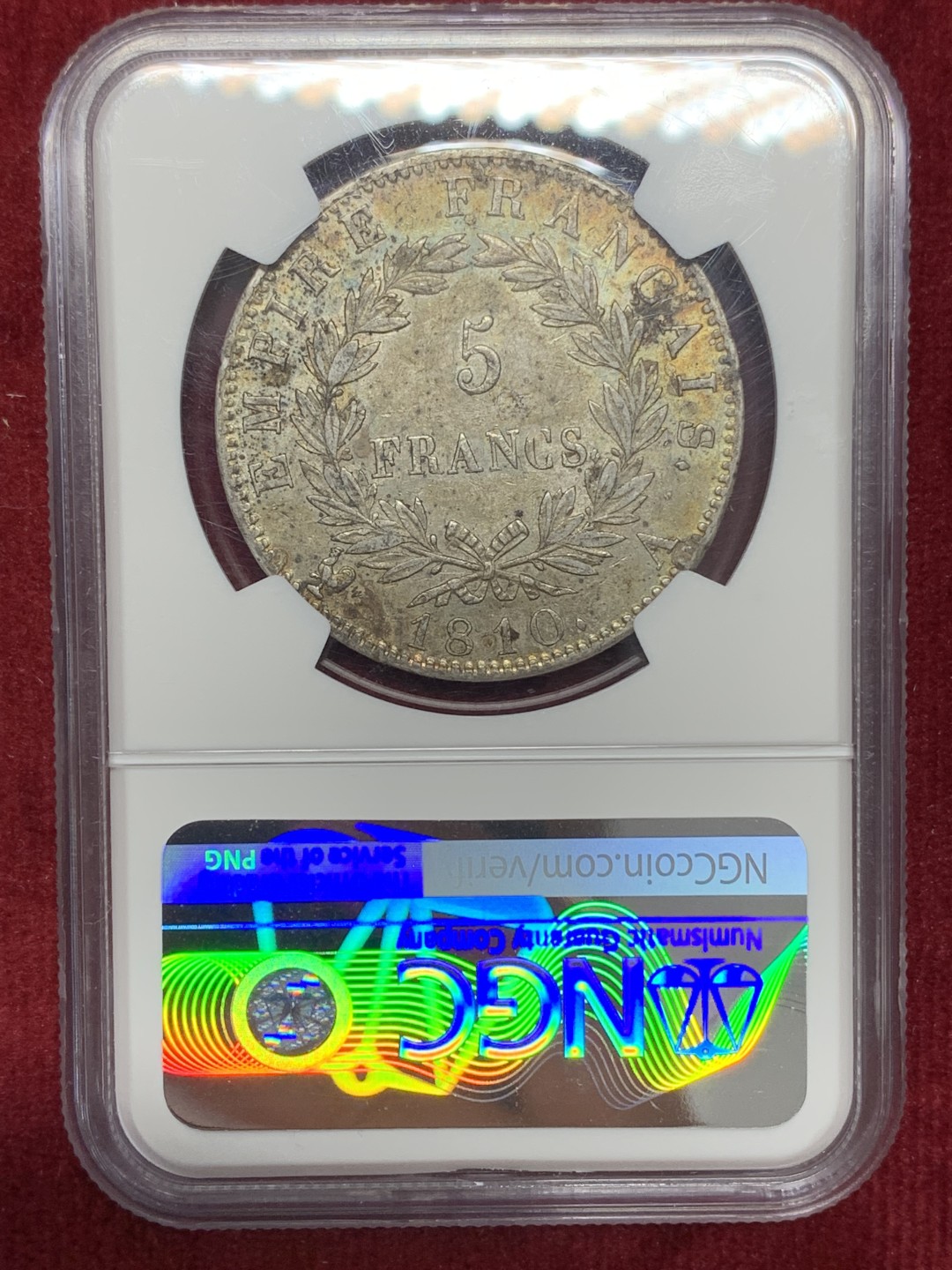 《竞宝斋》第159场-周日，周一 2场 (全场包邮) NGC-AU55 1810年法国拿破仑5法郎 1810的评级数量大概是1811的20%，老包浆状态可以