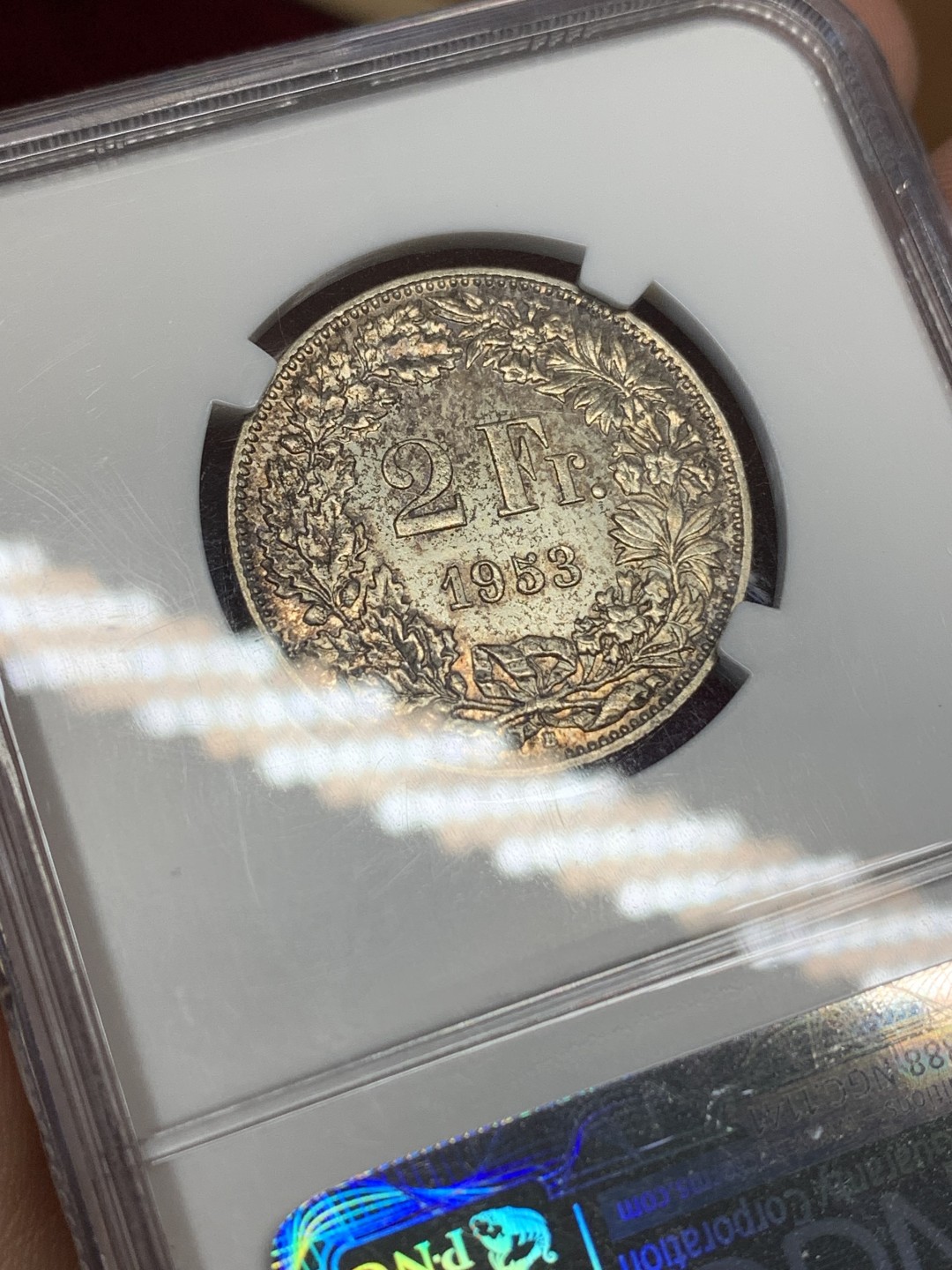 《竞宝斋》第159场-周日，周一 2场 (全场包邮) NGC-MS63 1953年 瑞士2法郎银币，赫尔维蒂娅女神。后期特年，1940后发行量最少的年份，书价是常见6x年的4-5倍