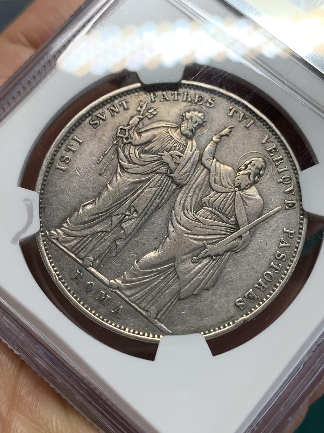 《竞宝斋》第159场-周日，周一 2场 (全场包邮) NGC-XF 梵蒂冈1830年 庇护八世 1斯库多大银币 老包浆居然说有洗没给分 可惜了