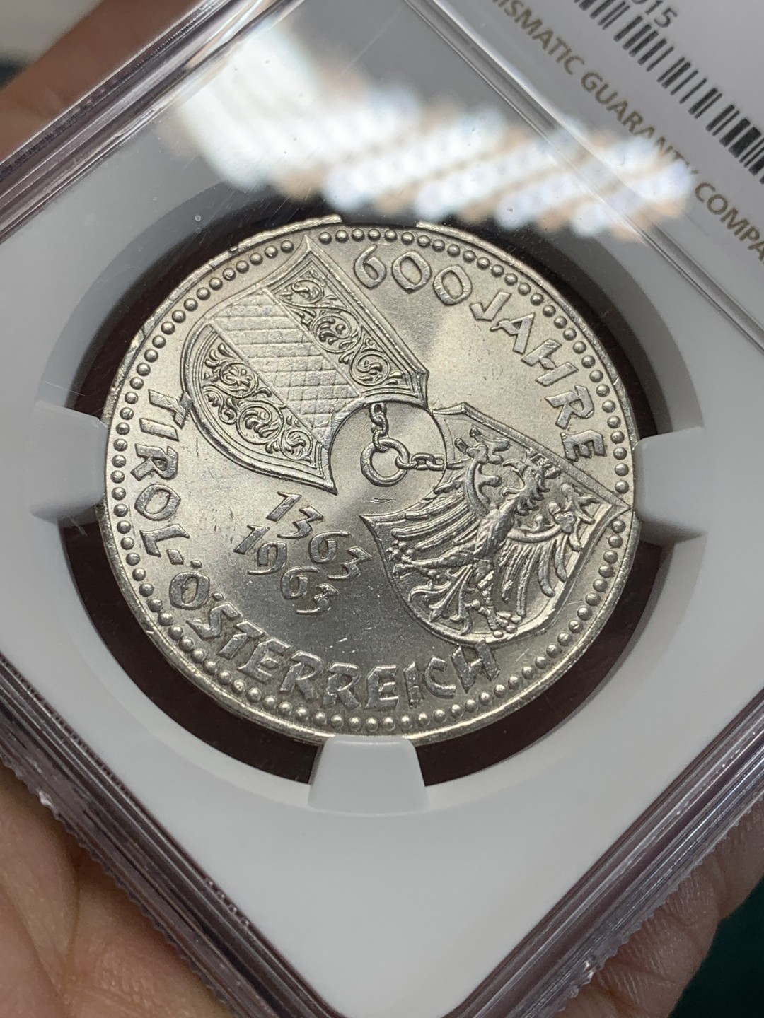 《竞宝斋》第159场-周日，周一 2场 (全场包邮) NGC-MS64 奥地利1963年 联盟纪念50先令大银币 好品好状态