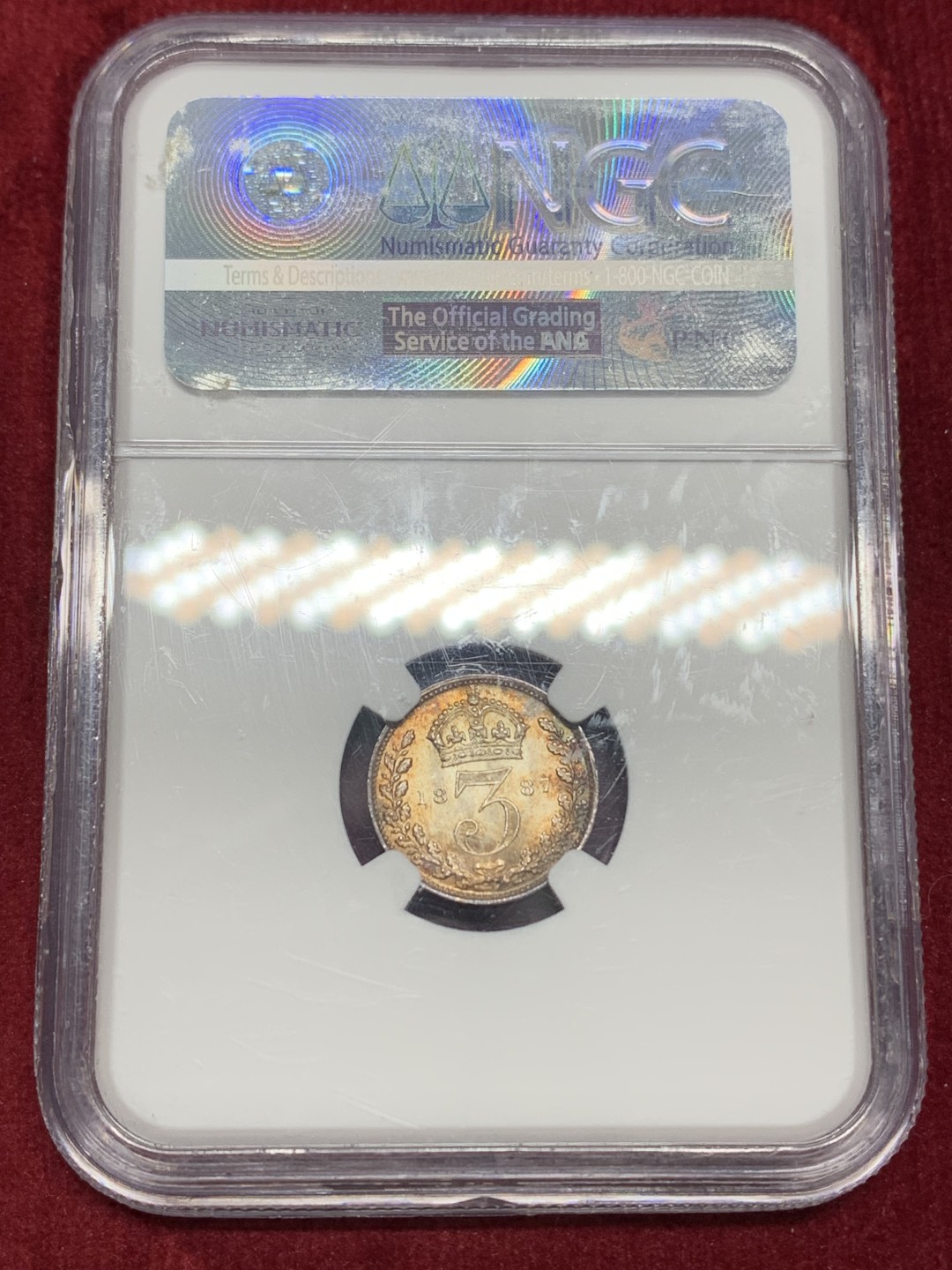 《竞宝斋》第159场-周日，周一 2场 (全场包邮) NGC-MS65 英国1887年维多利亚高冠三便士，原始彩浆，光度一流