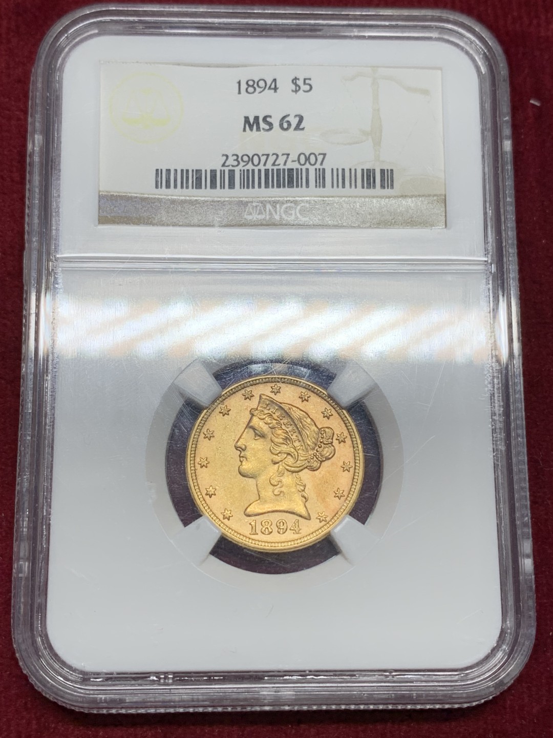 《竞宝斋》第159场-周日，周一 2场 (全场包邮) NGC-MS62  1894年美国自由女神像5美元金币 8.35克 0.900金 直径21.65MM 发行96万不到