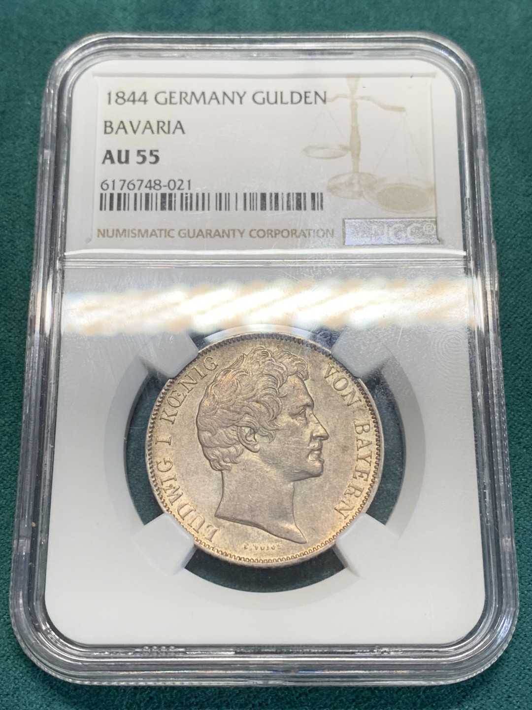 《竞宝斋》第159场-周日，周一 2场 (全场包邮) NGC-AU55 德国 1844年 巴伐利亚1盾双面带彩