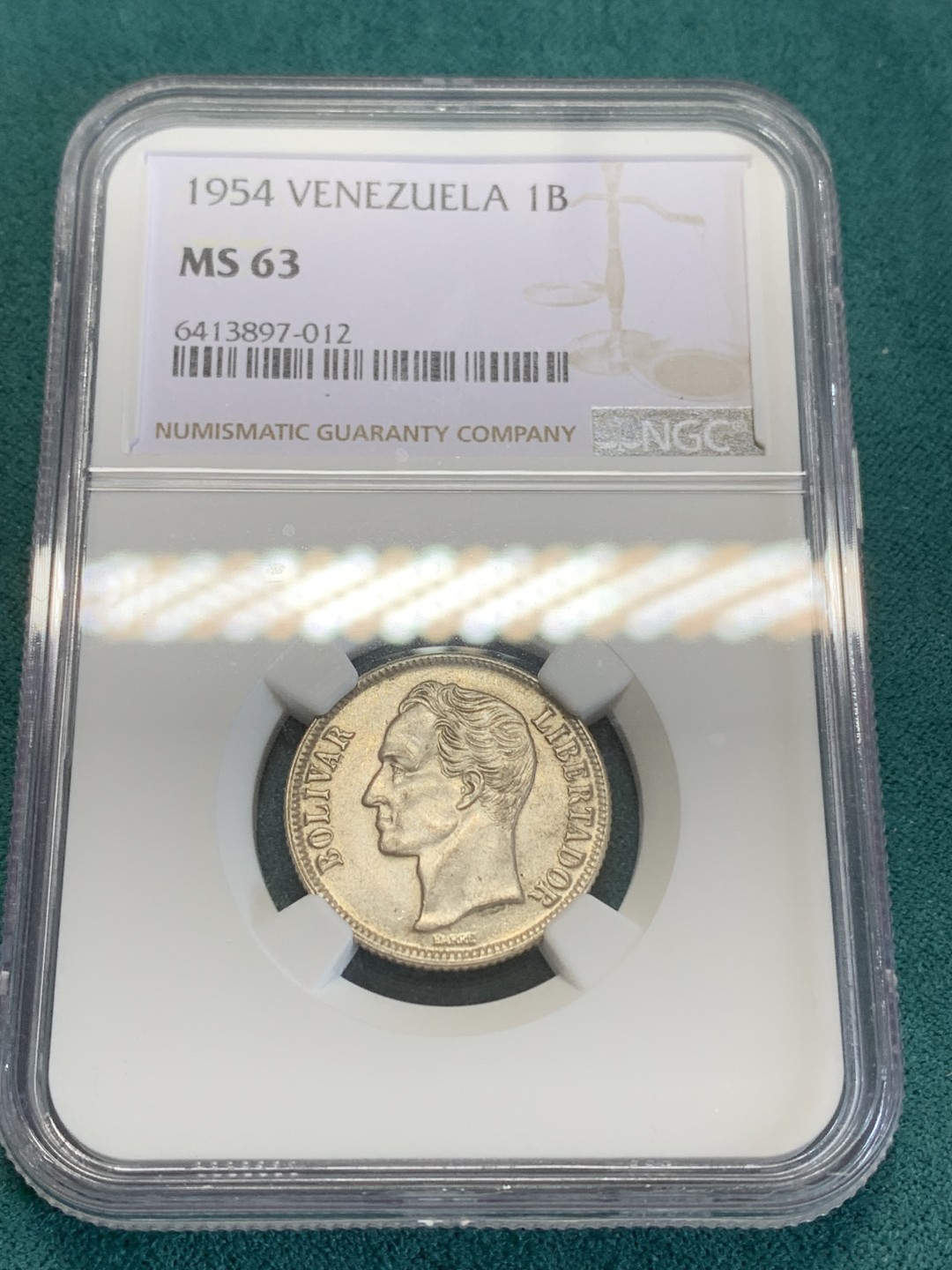 《竞宝斋》第159场-周日，周一 2场 (全场包邮) NGC-MS63 委内瑞拉1954年 1玻利瓦尔银币 顶级好品小毫
