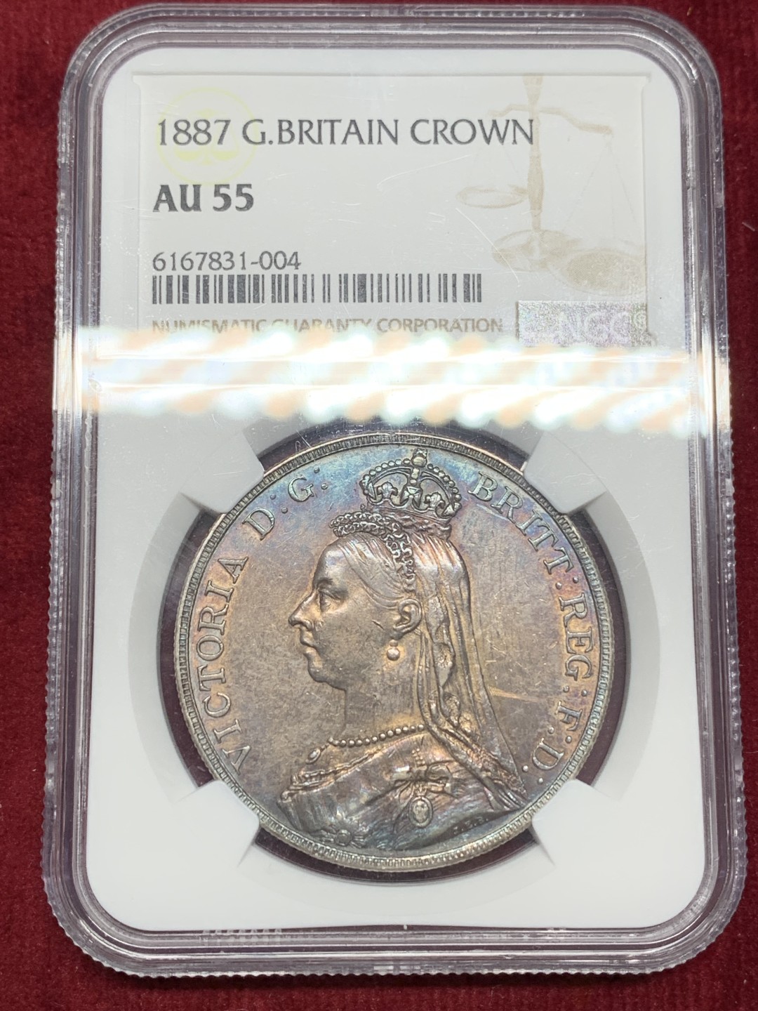 《竞宝斋》第159场-周日，周一 2场 (全场包邮) NGC-AU55 英国 1887年 1克朗 马剑图案经典，包浆带五彩。明显低评