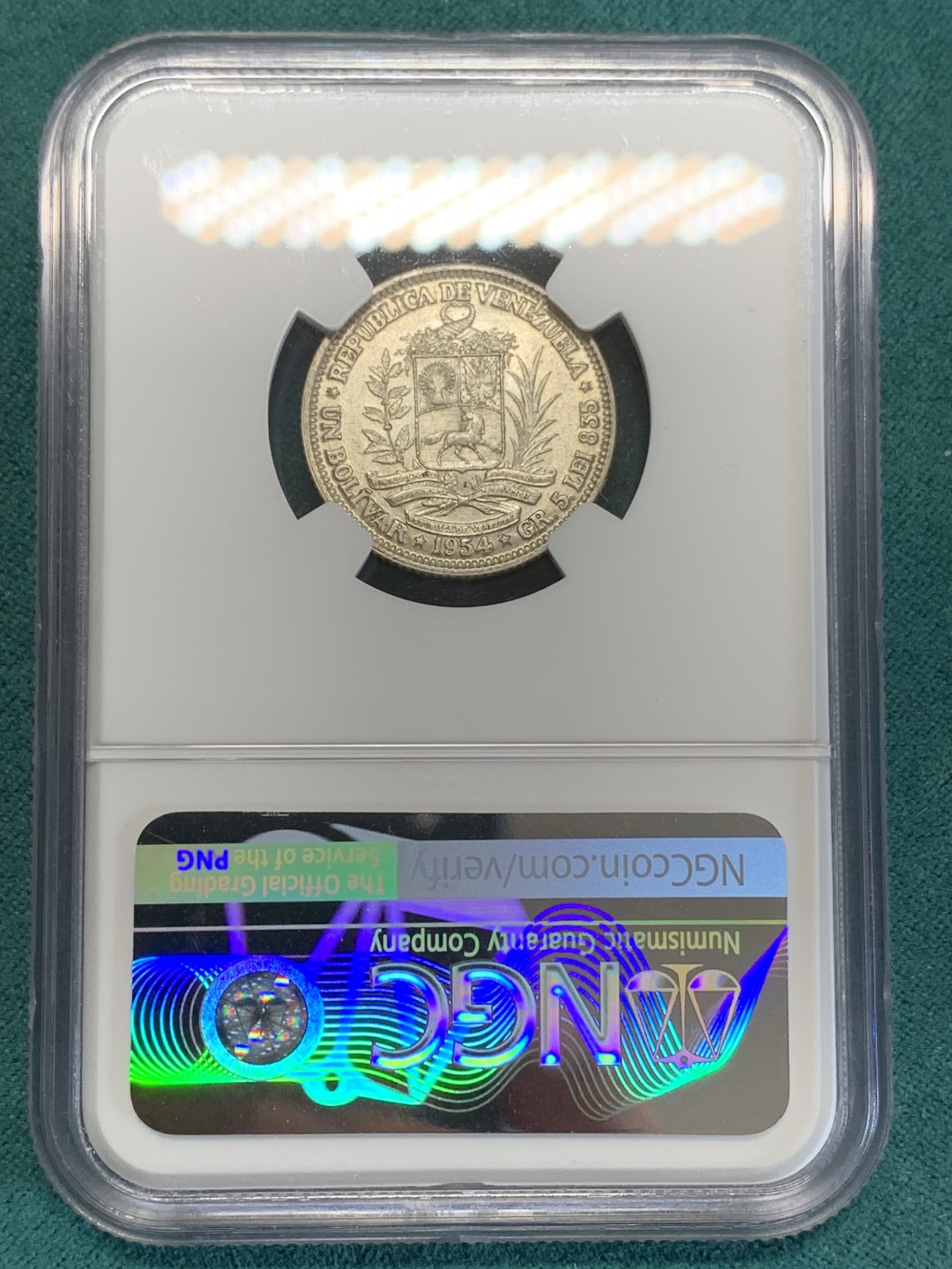 《竞宝斋》第159场-周日，周一 2场 (全场包邮) NGC-MS63 委内瑞拉1954年 1玻利瓦尔银币 顶级好品小毫
