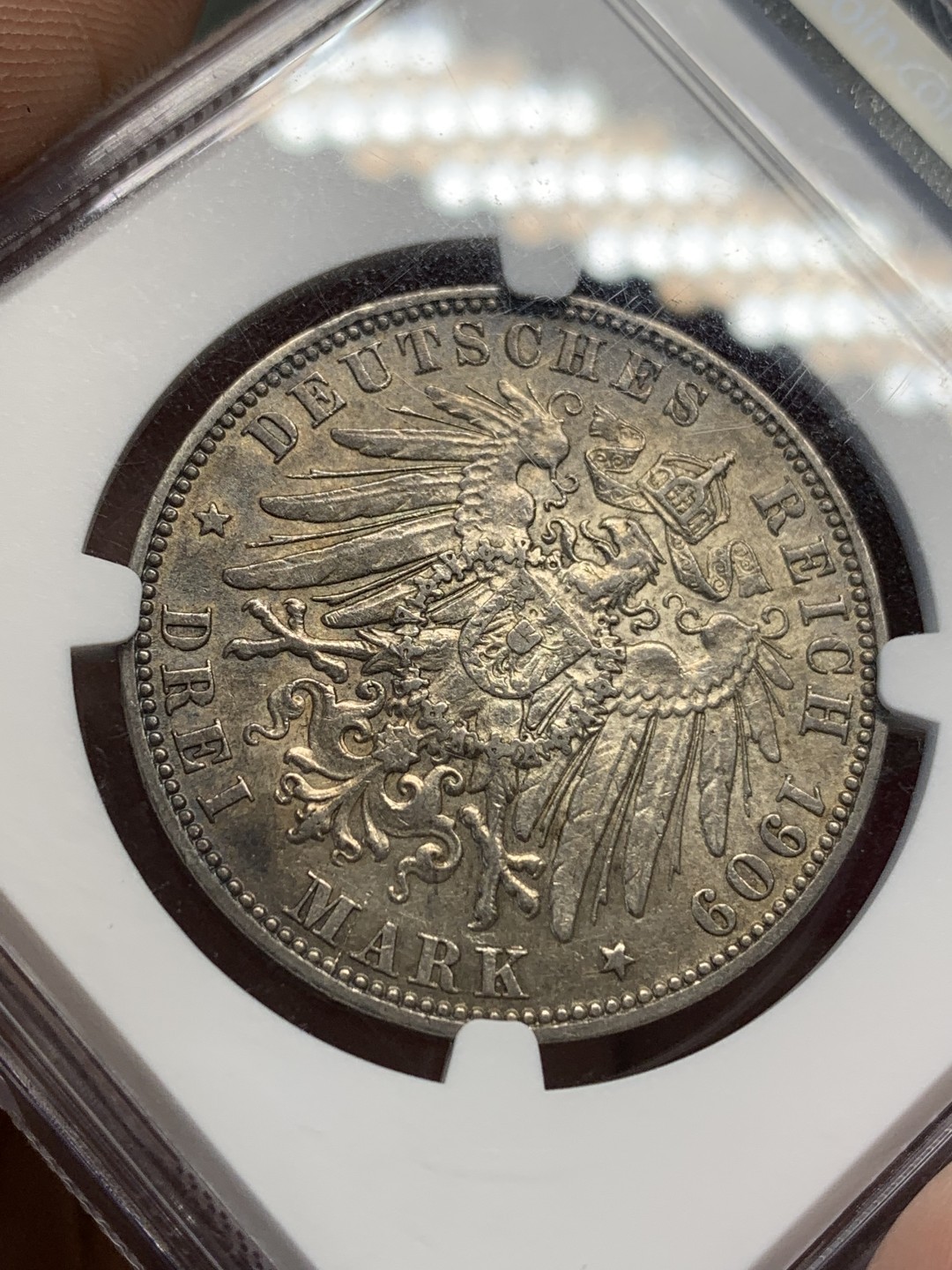 《竞宝斋》第159场-周日，周一 2场 (全场包邮) NGC-AU58 德国 1909年 汉堡双狮 3马克银币