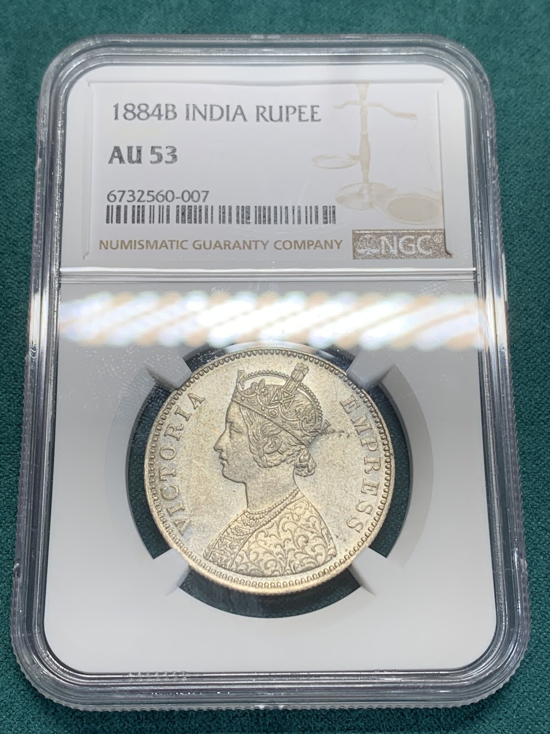 《竞宝斋》第159场-周日，周一 2场 (全场包邮) NGC AU53 印度 1884 维多利亚卢比银币 底板不错 这个也上涨了