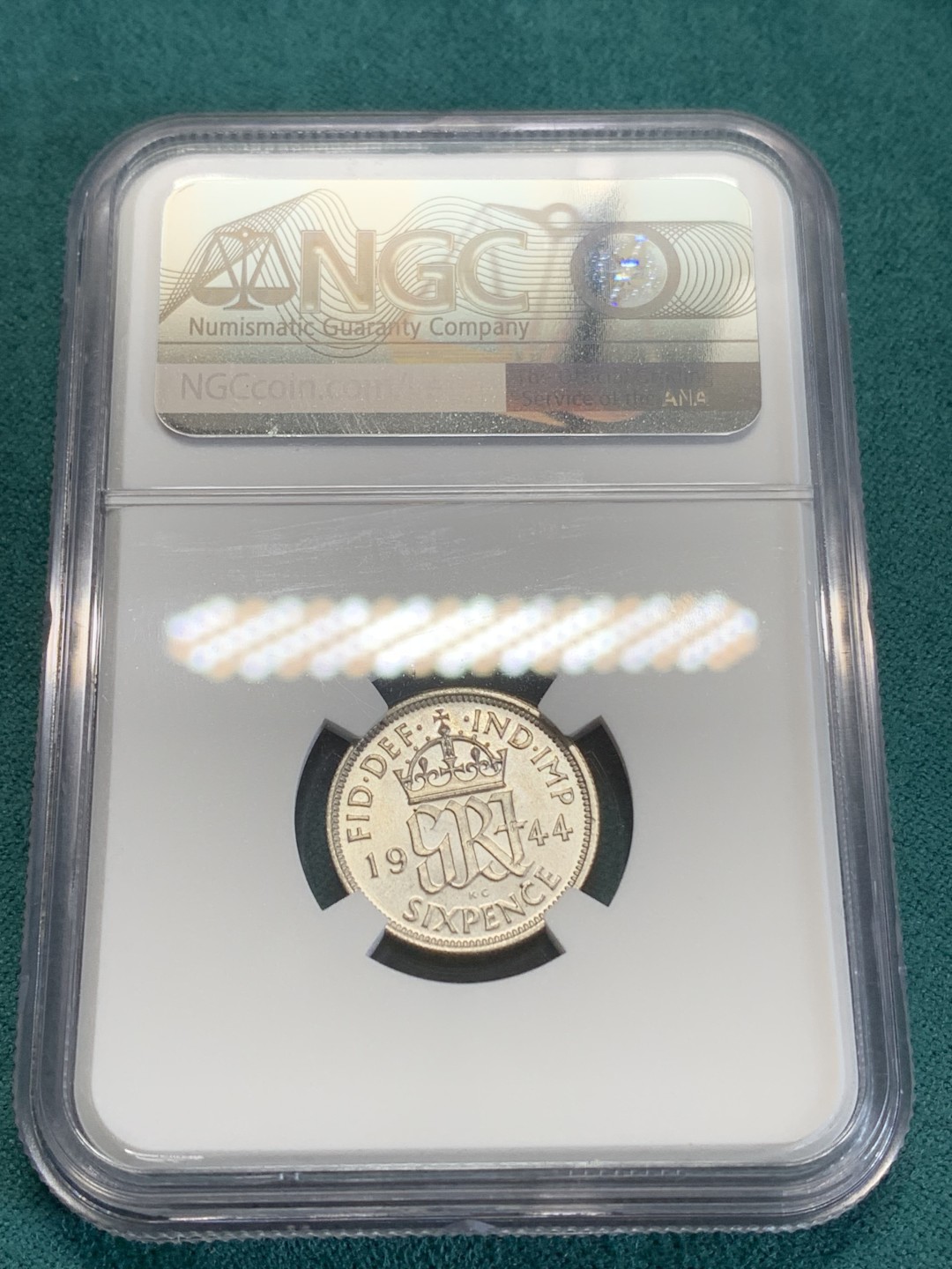 《竞宝斋》第159场-周日，周一 2场 (全场包邮) NGC-MS63 英国1944年 乔六6便士银币