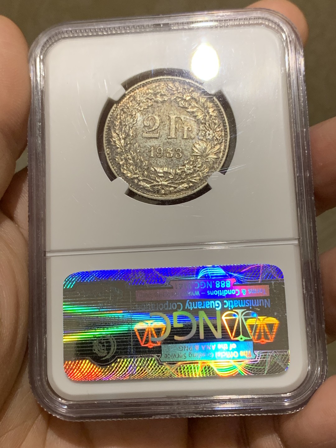 《竞宝斋》第159场-周日，周一 2场 (全场包邮) NGC-MS63 1953年 瑞士2法郎银币，赫尔维蒂娅女神。后期特年，1940后发行量最少的年份，书价是常见6x年的4-5倍