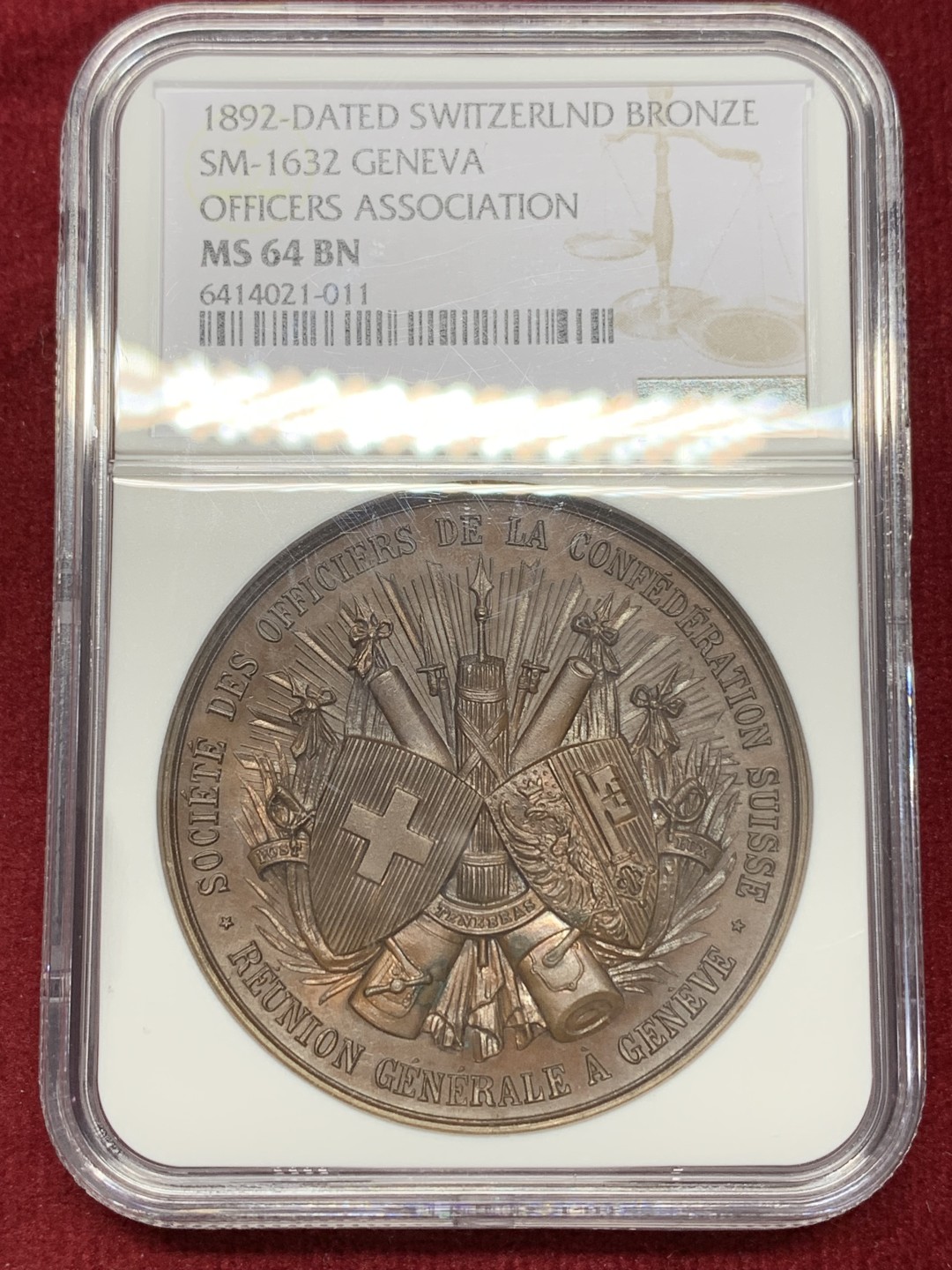 《竞宝斋》第159场-周日，周一 2场 (全场包邮) NGC MS64 1892年瑞士日内瓦联邦纪念铜章 双面精美高浮雕 难得顶级品相状态